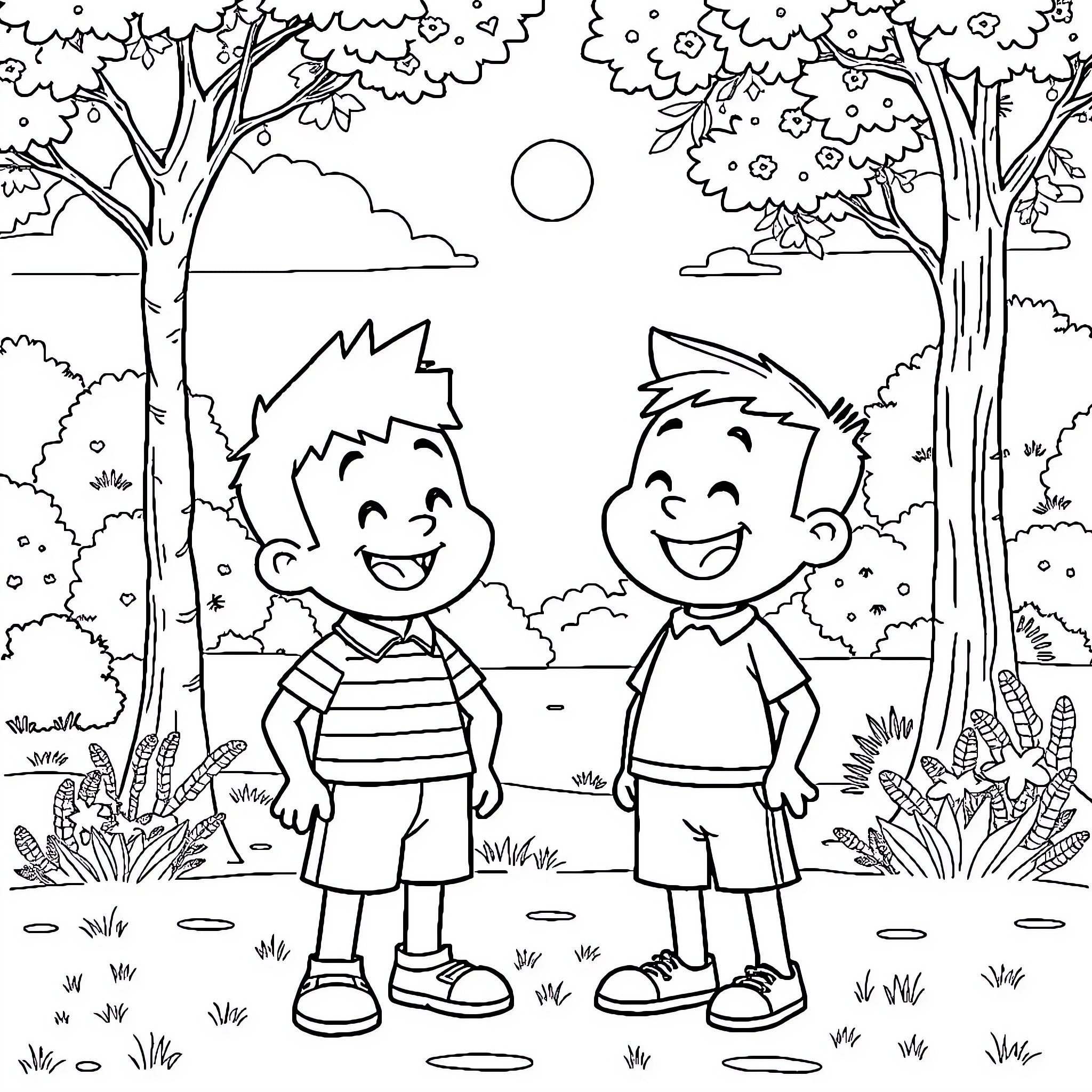 Nobita and his friend enjoying the outdoors Coloring Page (free black-and-white line drawing printable PDF for all, from beginners to advanced learners, including children, teens, adults, and seniors)