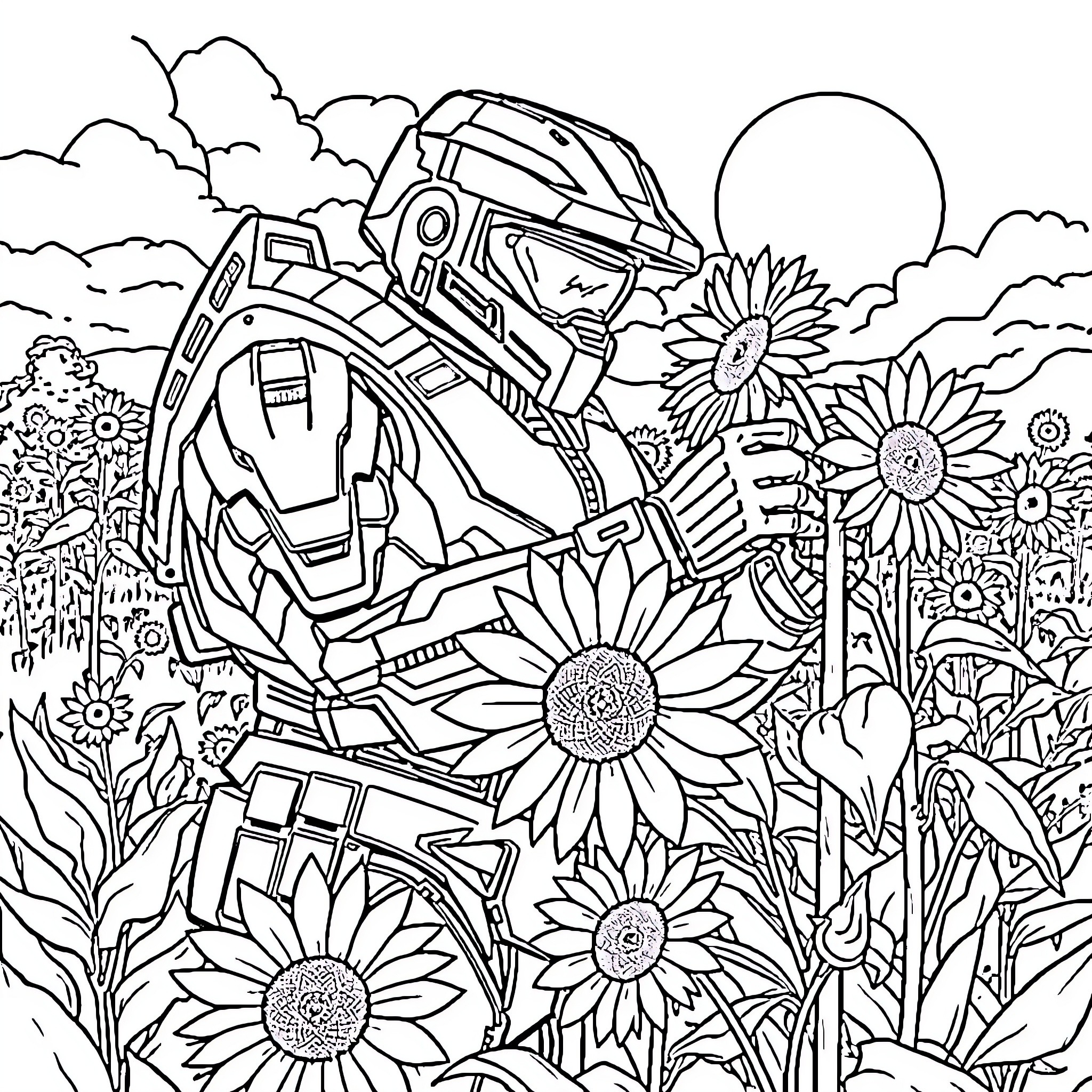 Master Chief Exploring a Vibrant Floral Landscape Coloring Page (free black-and-white line drawing printable PDF for all, from beginners to advanced learners, including children, teens, adults, and seniors)