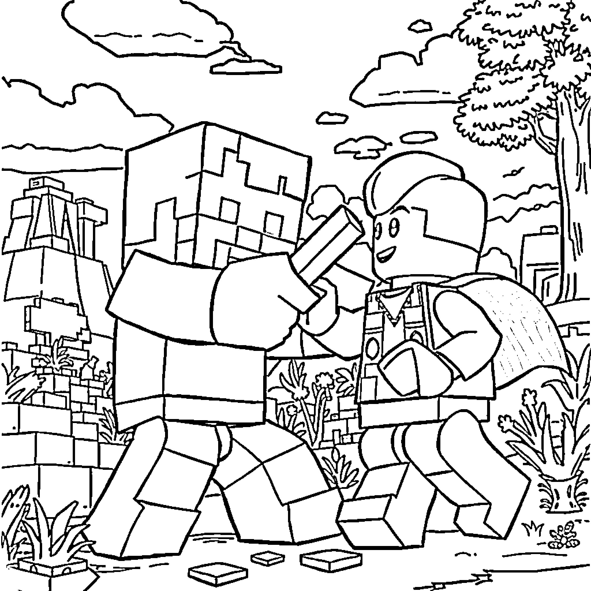 Steve and the construction workers building a city Coloring Page (free black-and-white line drawing printable PDF for all, from beginners to advanced learners, including children, teens, adults, and seniors)