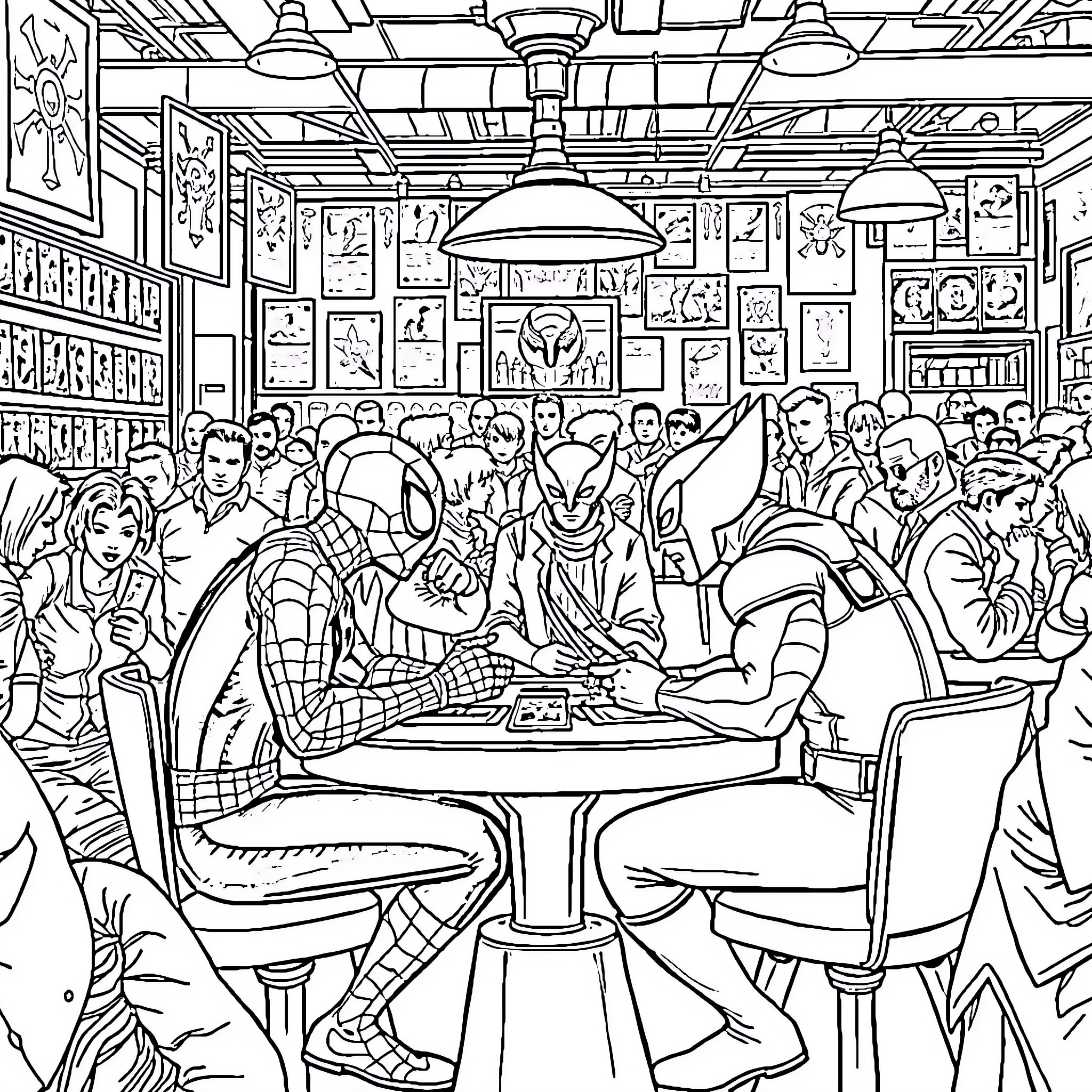 Spiderman Interacting with Crowd in Lively Cafe Coloring Page (free black-and-white line drawing printable PDF for all, from beginners to advanced learners, including children, teens, adults, and seniors)