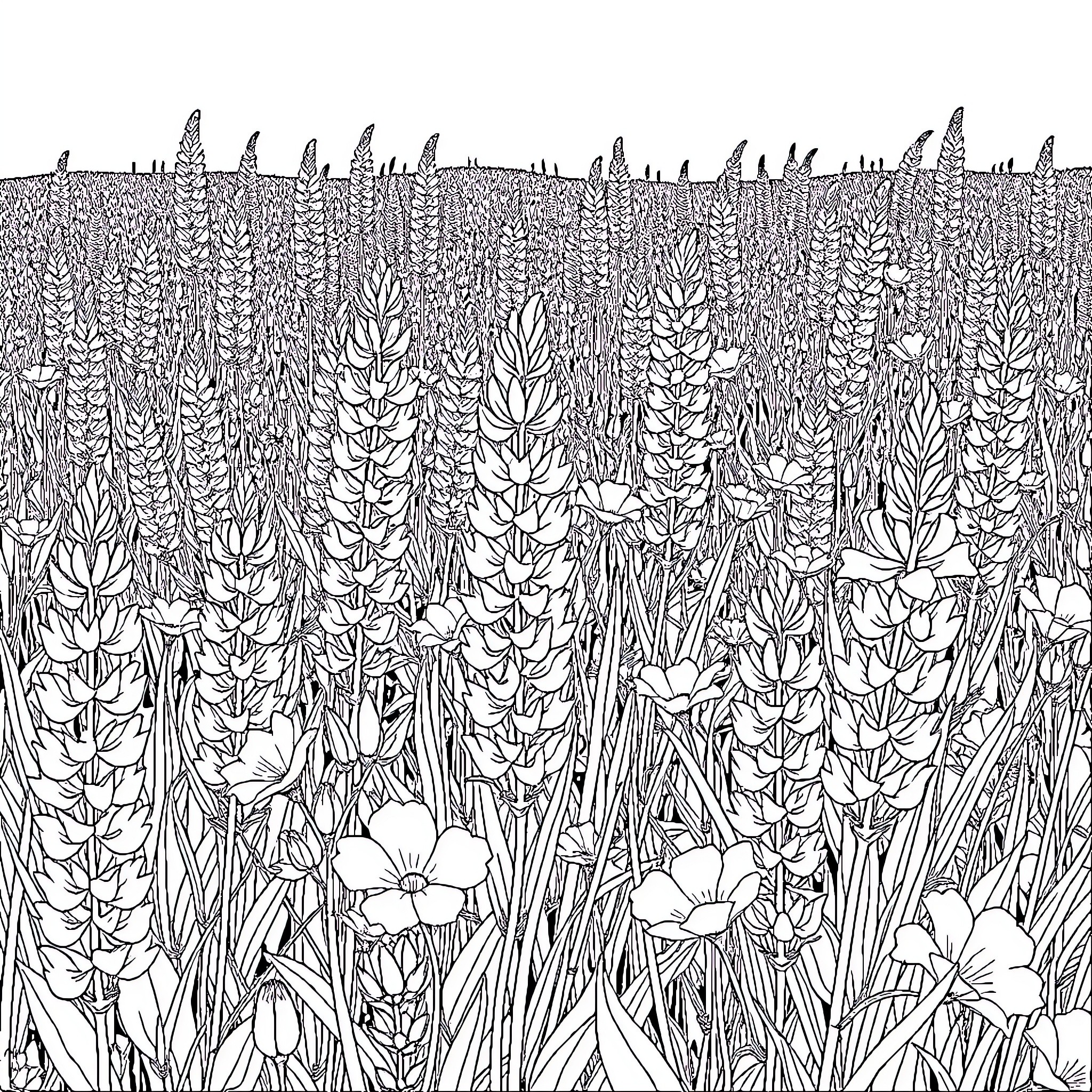 Flower field filled with detailed botanicals Coloring Page (free black-and-white line drawing printable PDF for all, from beginners to advanced learners, including children, teens, adults, and seniors)