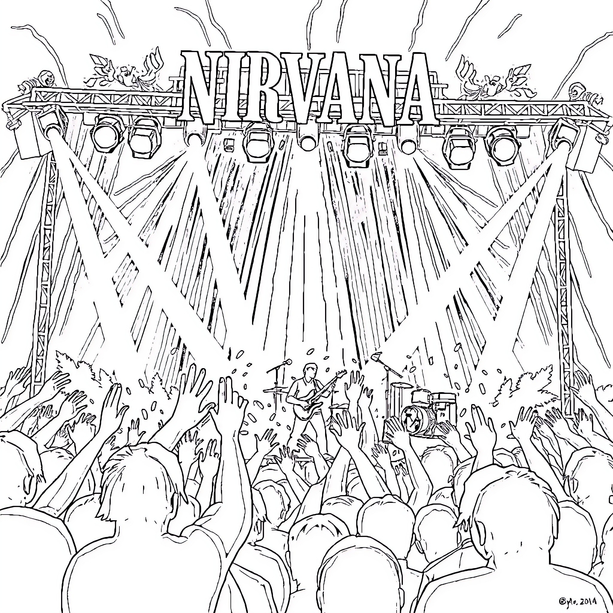 Nirvana's energetic performance on stage Coloring Page (free black-and-white line drawing printable PDF for all, from beginners to advanced learners, including children, teens, adults, and seniors)