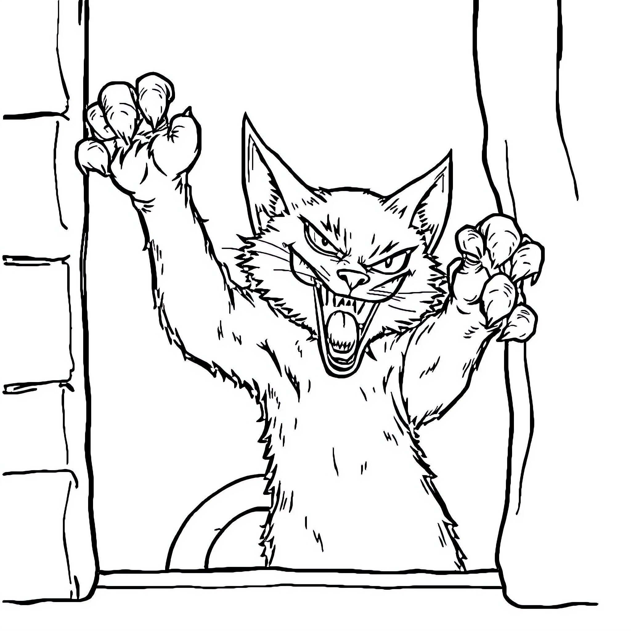 Cat clawing aggressively through window frame Coloring Page (free black-and-white line drawing printable PDF for all, from beginners to advanced learners, including children, teens, adults, and seniors)
