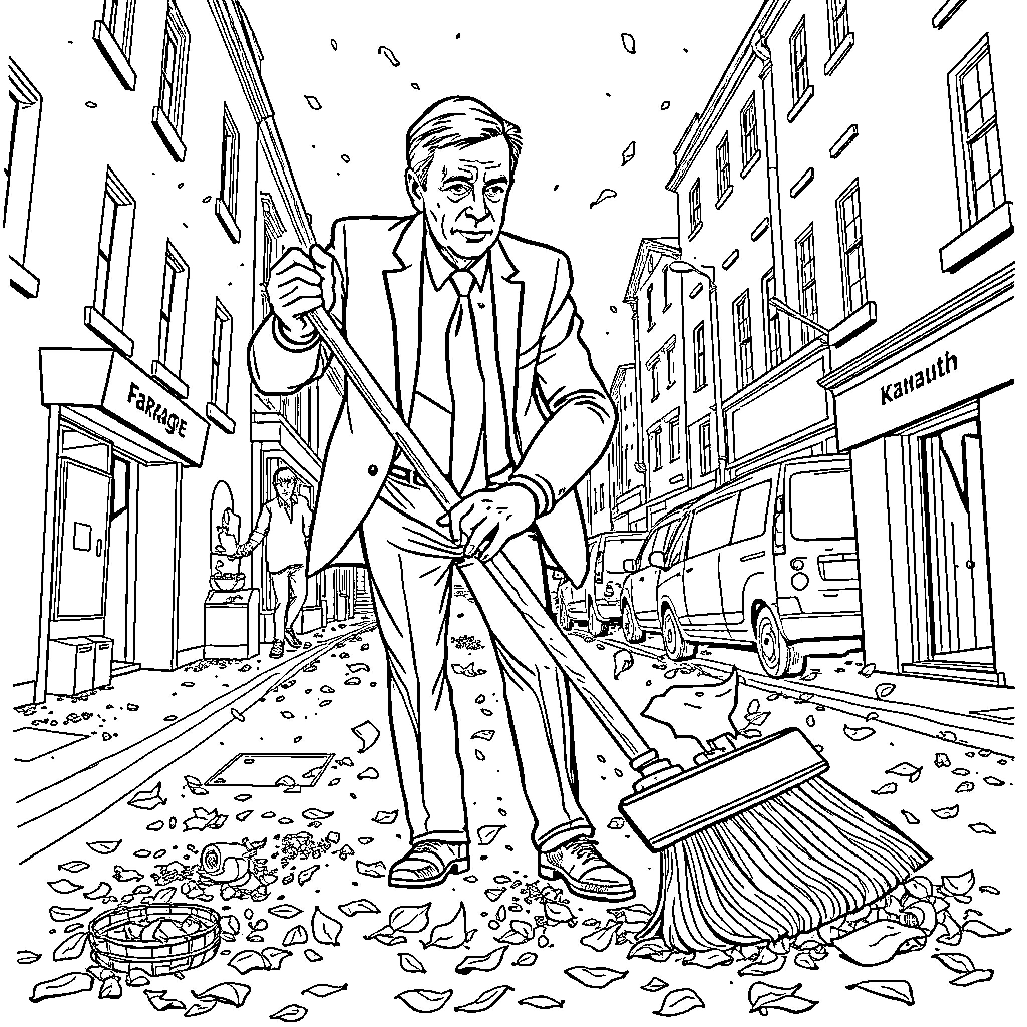 Nigel Farage sweeping the streets with determination Coloring Page (free black-and-white line drawing printable PDF for all, from beginners to advanced learners, including children, teens, adults, and seniors)