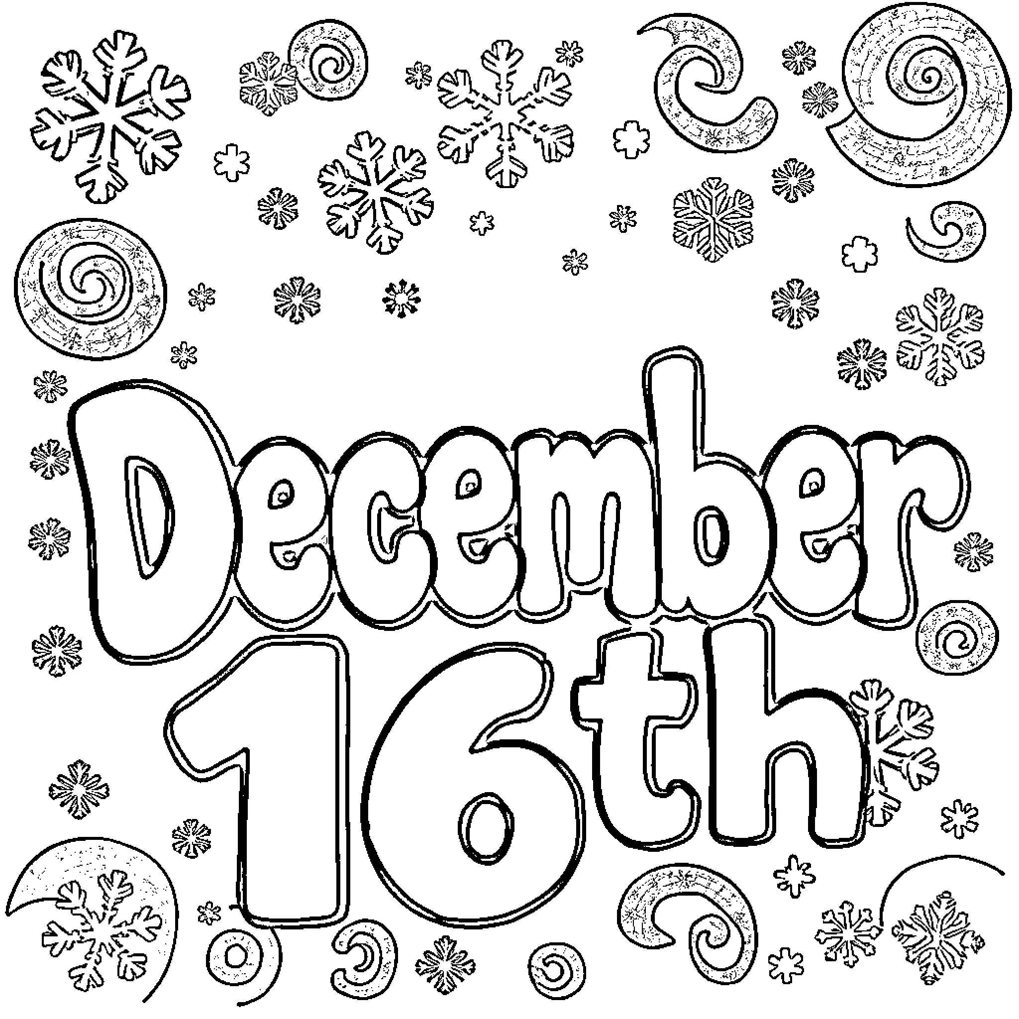 Bubble Letter December 16th with Snowflake Decorations Coloring Page (free black-and-white line drawing printable PDF for all, from beginners to advanced learners, including children, teens, adults, and seniors)