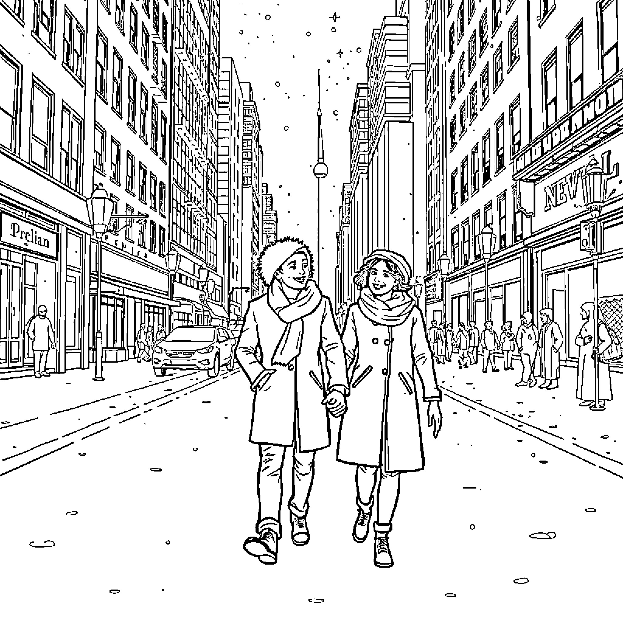 Couple strolling through a winter city street Coloring Page (free black-and-white line drawing printable PDF for all, from beginners to advanced learners, including children, teens, adults, and seniors)