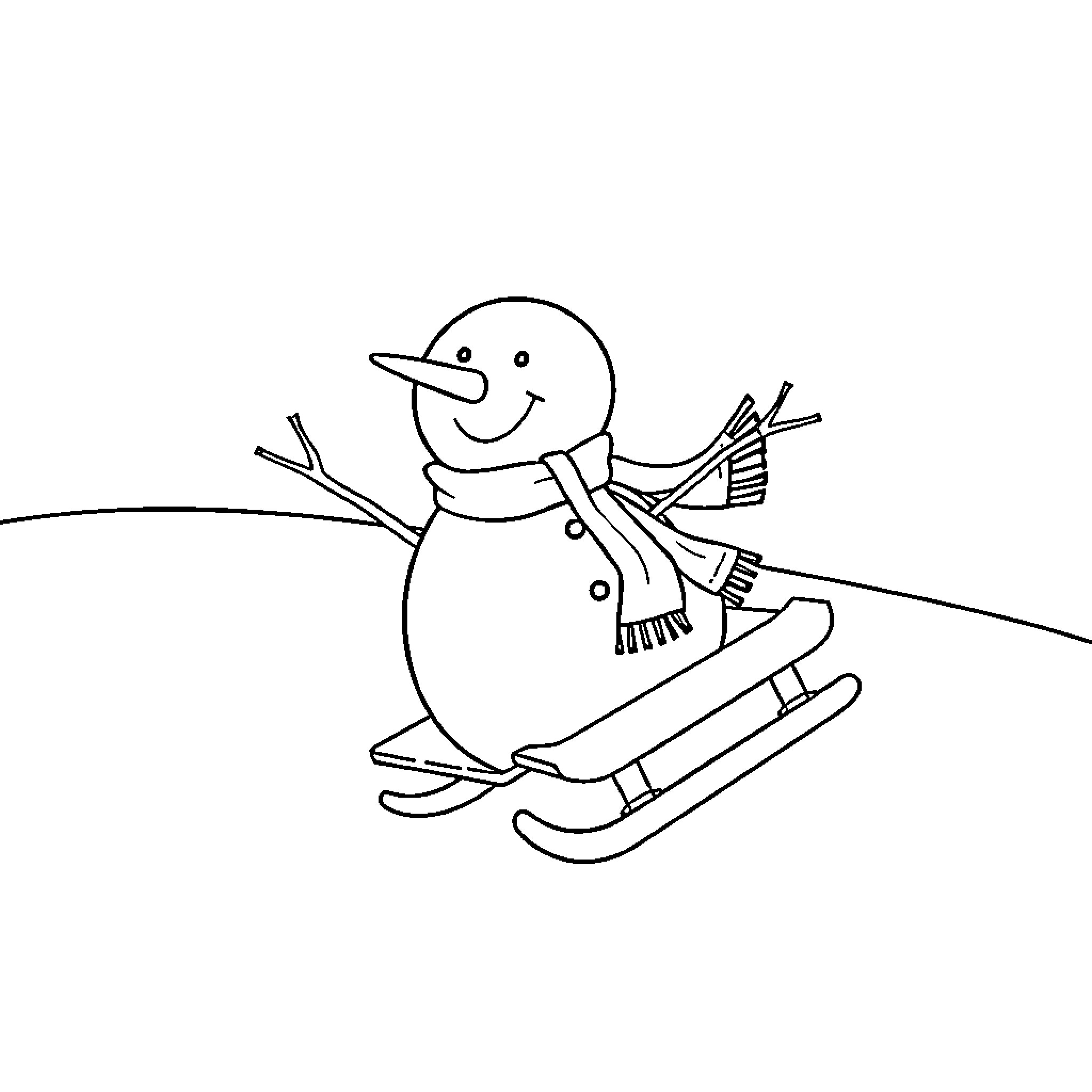 Snowman enjoying winter sports on skis Coloring Page (free black-and-white line drawing printable PDF for all, from beginners to advanced learners, including children, teens, adults, and seniors)