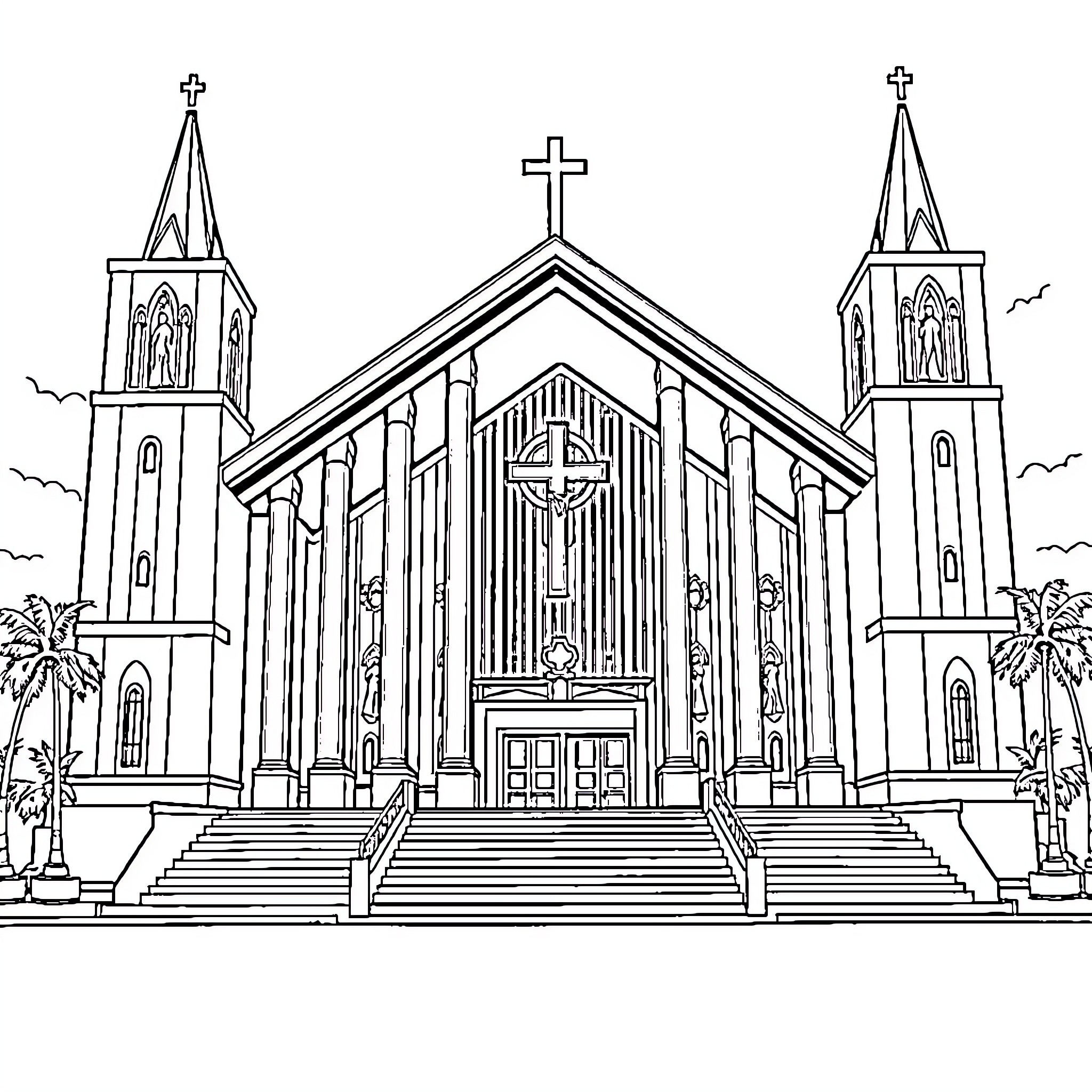 Iglesia ni Cristo church with steeples and cross Coloring Page (free black-and-white line drawing printable PDF for all, from beginners to advanced learners, including children, teens, adults, and seniors)