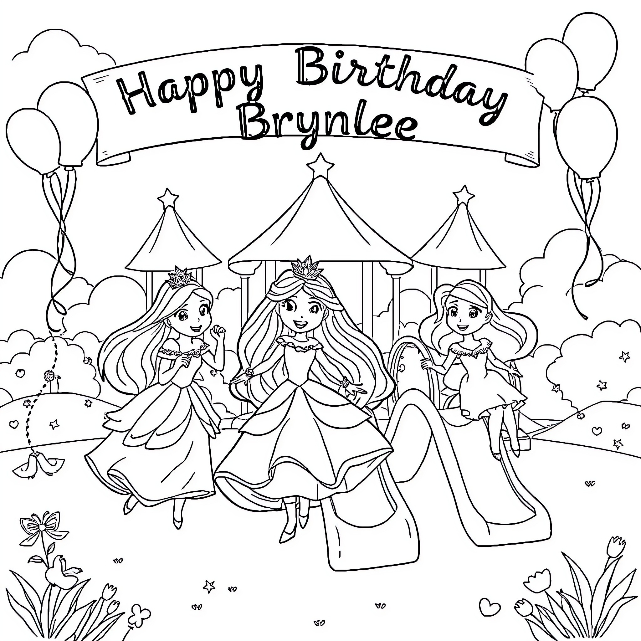 Princess Birthday Party at the Carnival Coloring Page (free black-and-white line drawing printable PDF for all, from beginners to advanced learners, including children, teens, adults, and seniors)