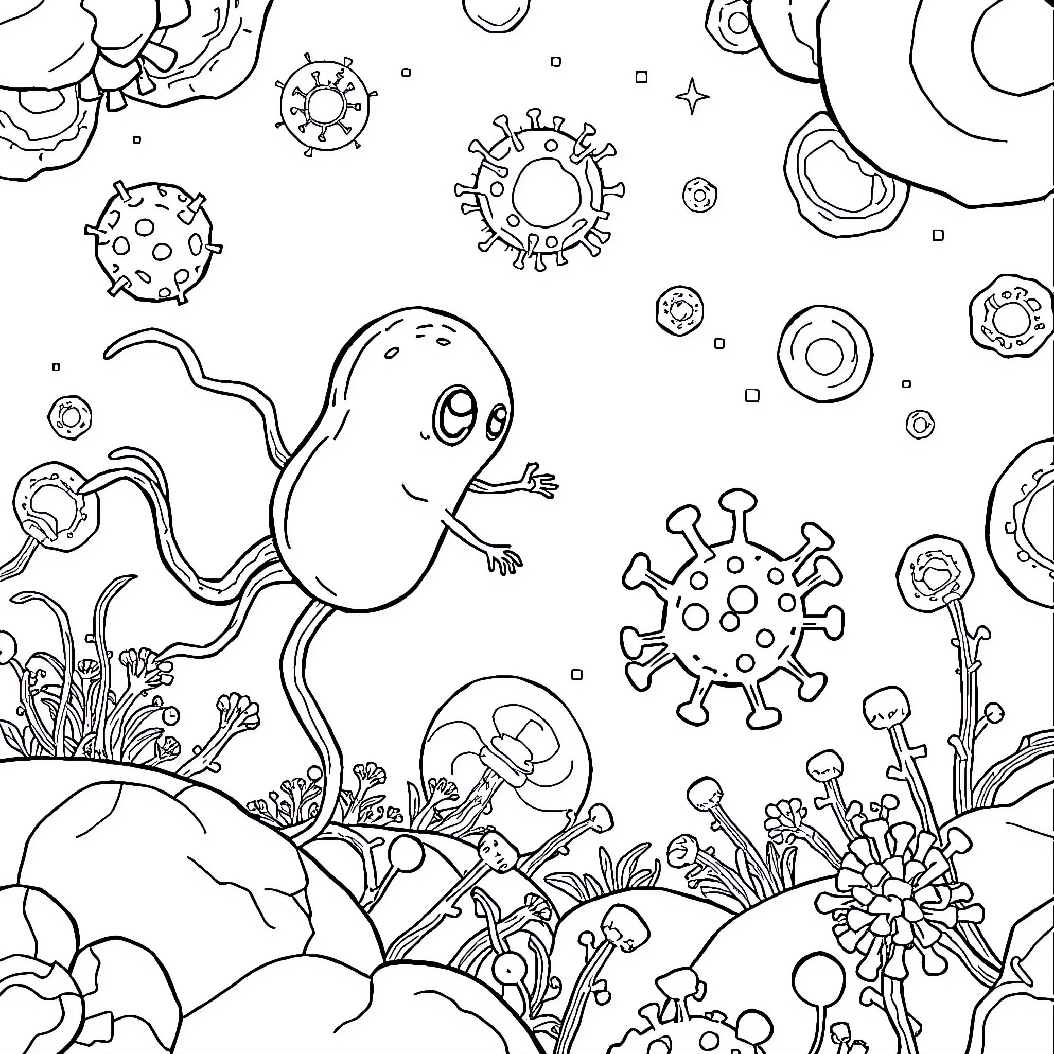 Bacterium Creatures Explore Whimsical Underwater Landscape Coloring Page (free black-and-white line drawing printable PDF for all, from beginners to advanced learners, including children, teens, adults, and seniors)