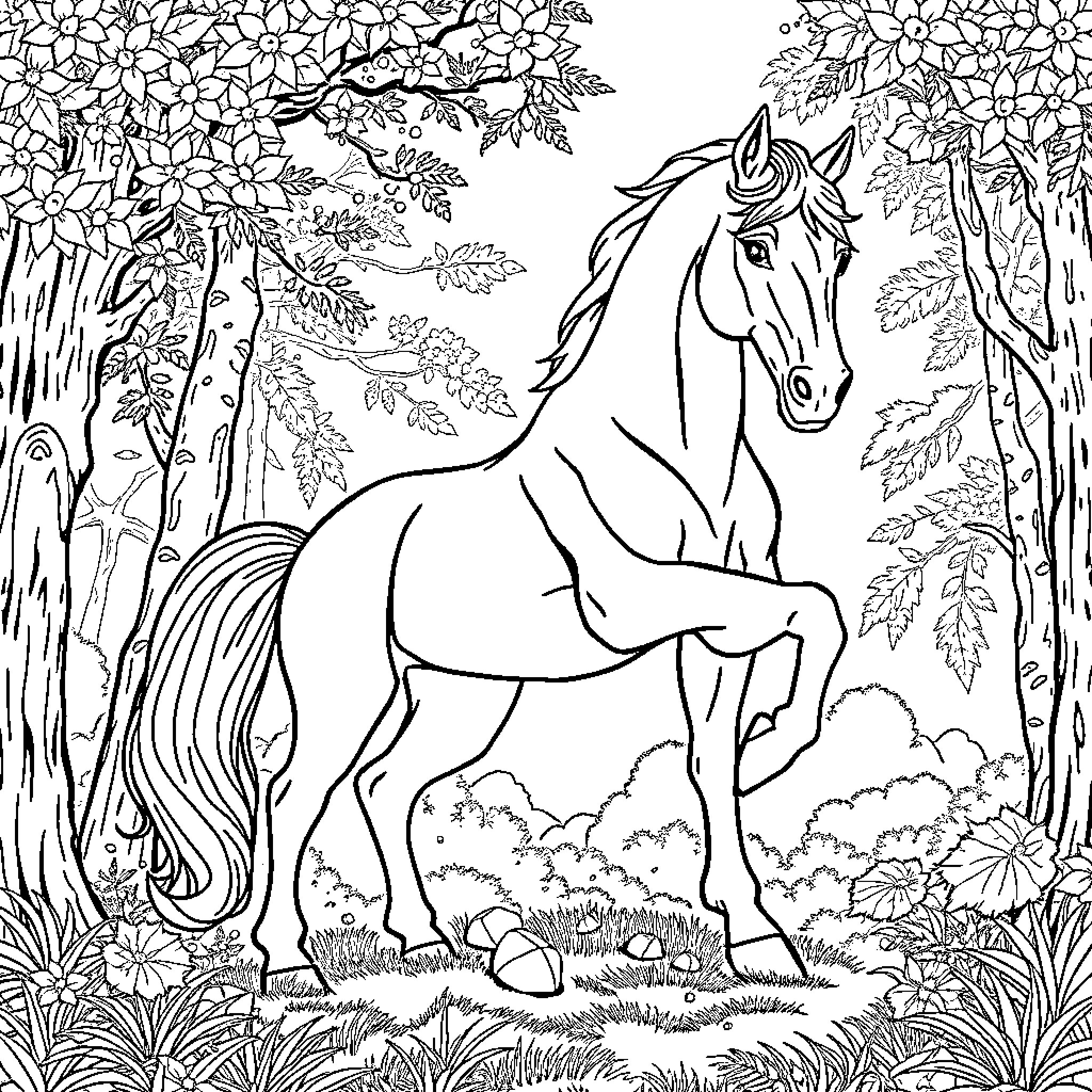 Centaur in a Lush Forest Landscape Coloring Page (free black-and-white line drawing printable PDF for all, from beginners to advanced learners, including children, teens, adults, and seniors)