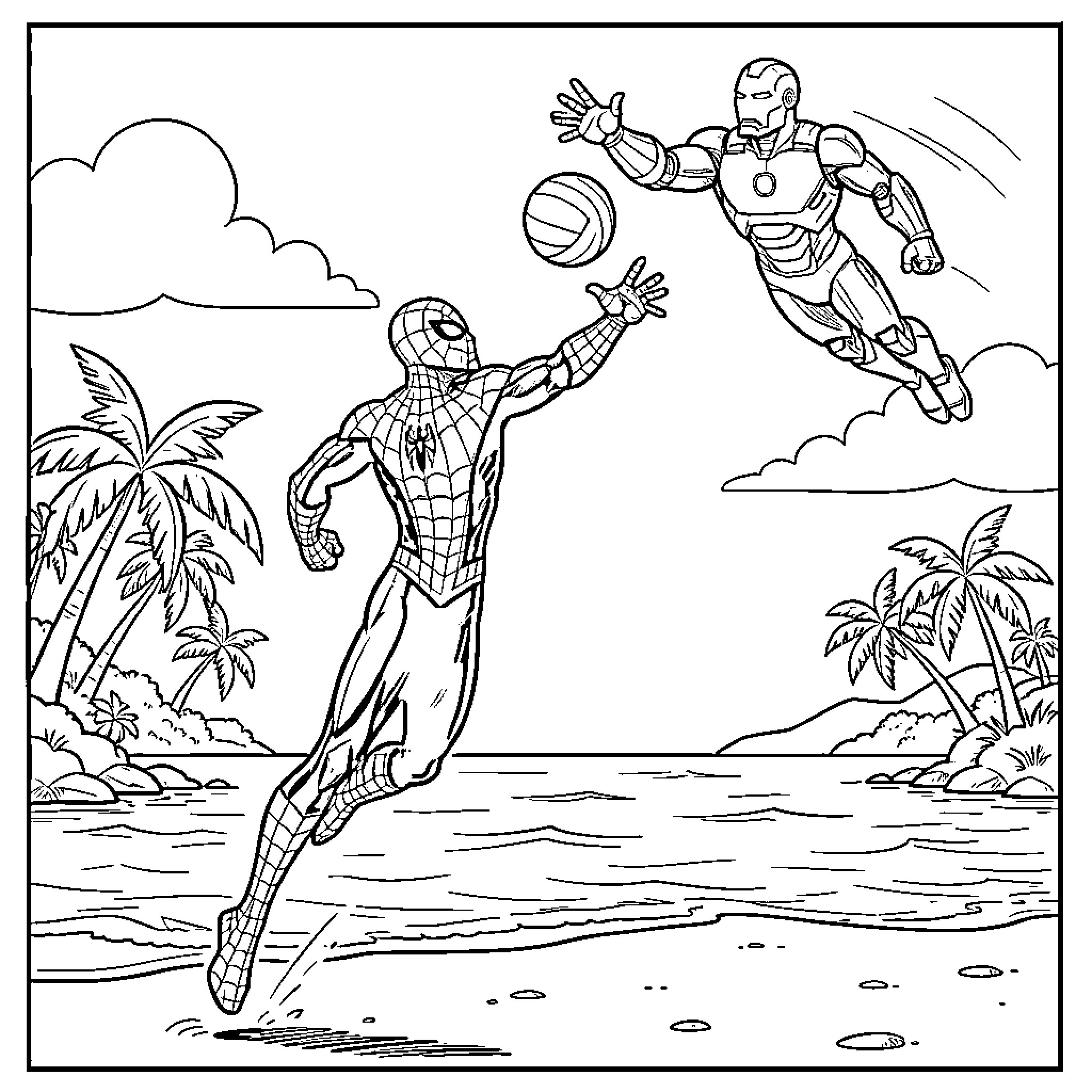 Spiderman and Iron Man battling in a tropical setting Coloring Page (free black-and-white line drawing printable PDF for all, from beginners to advanced learners, including children, teens, adults, and seniors)