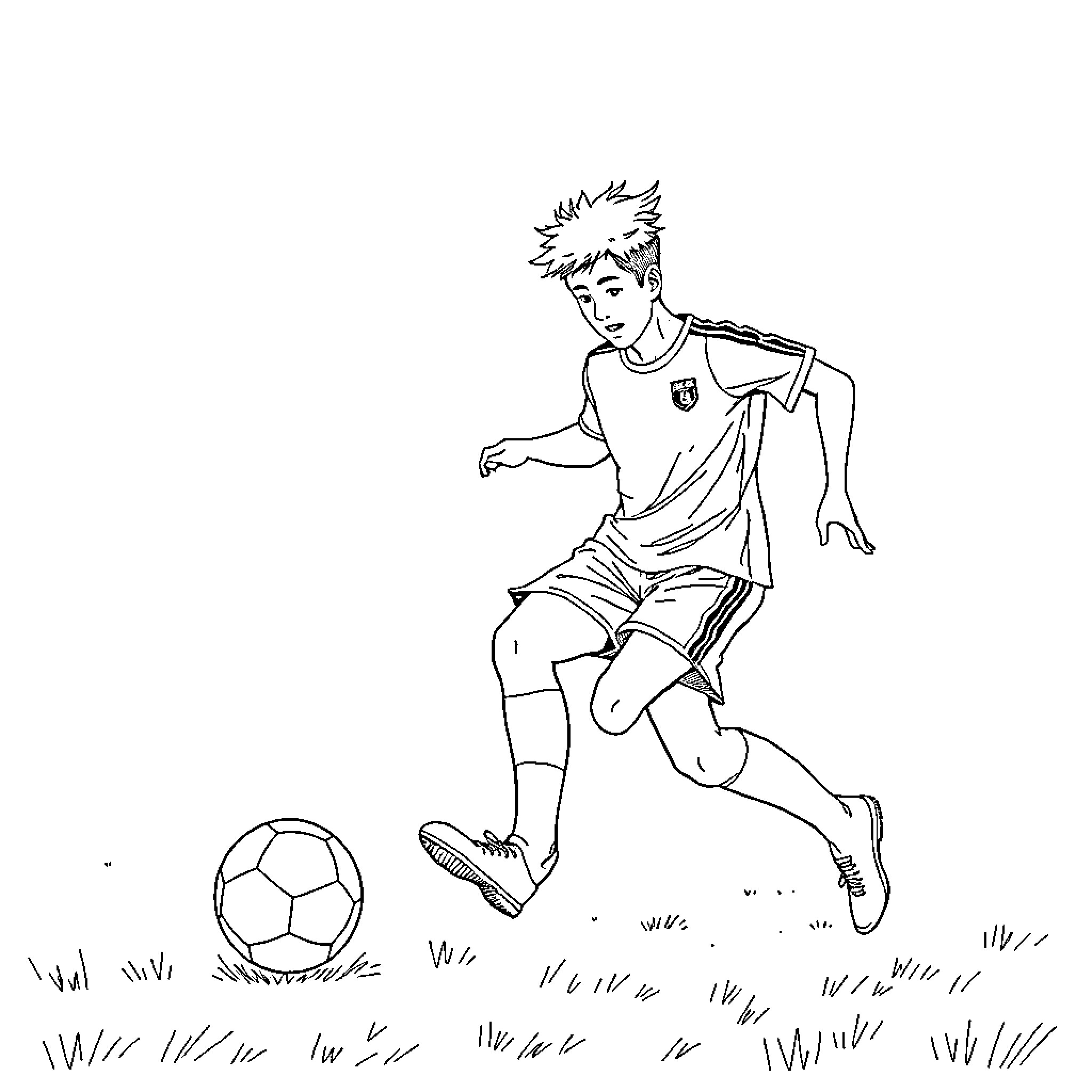 Sae Itoshi Playing Football with Passion Coloring Page (free black-and-white line drawing printable PDF for all, from beginners to advanced learners, including children, teens, adults, and seniors)