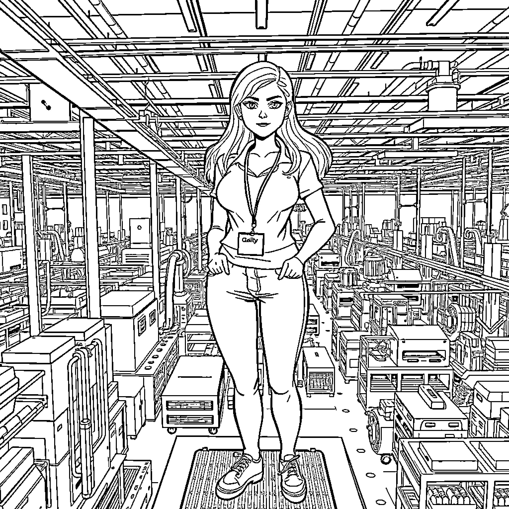 Woman standing confidently in a bustling store Coloring Page (free black-and-white line drawing printable PDF for all, from beginners to advanced learners, including children, teens, adults, and seniors)