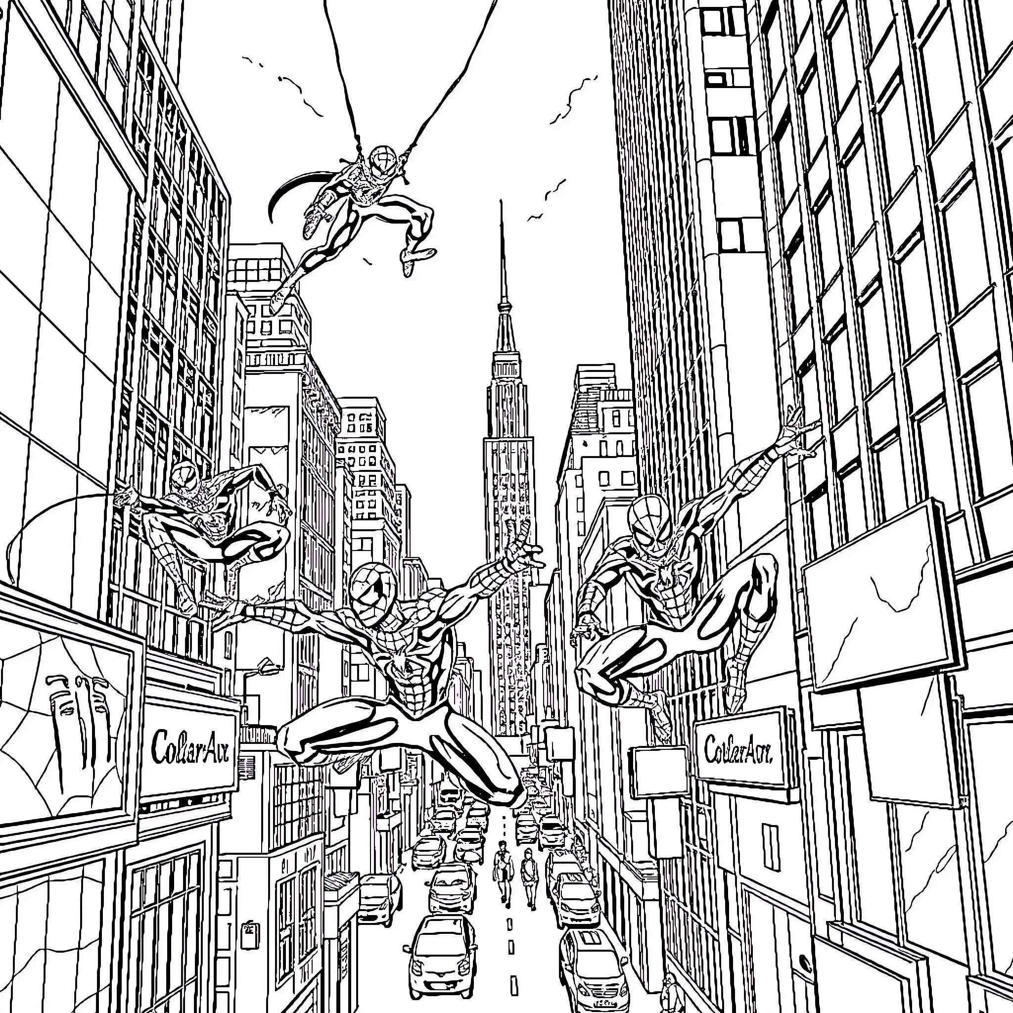 Spider-Man web-swinging through the city skyline Coloring Page (free black-and-white line drawing printable PDF for all, from beginners to advanced learners, including children, teens, adults, and seniors)