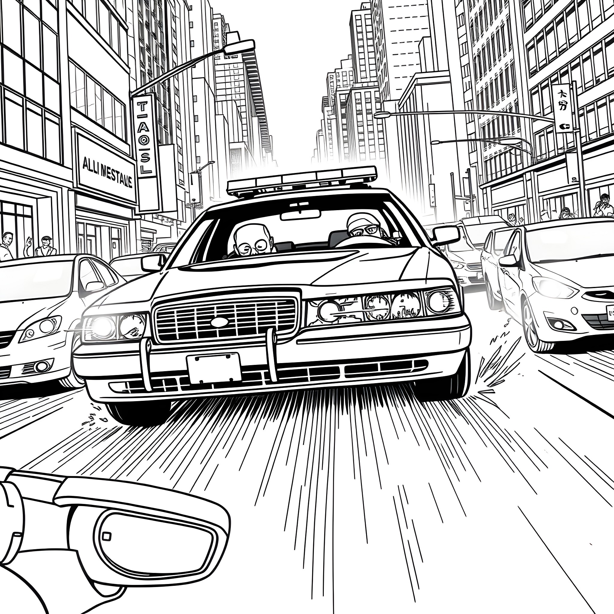 Police Car Rushing Through Busy City Streets Coloring Page (free black-and-white line drawing printable PDF for all, from beginners to advanced learners, including children, teens, adults, and seniors)