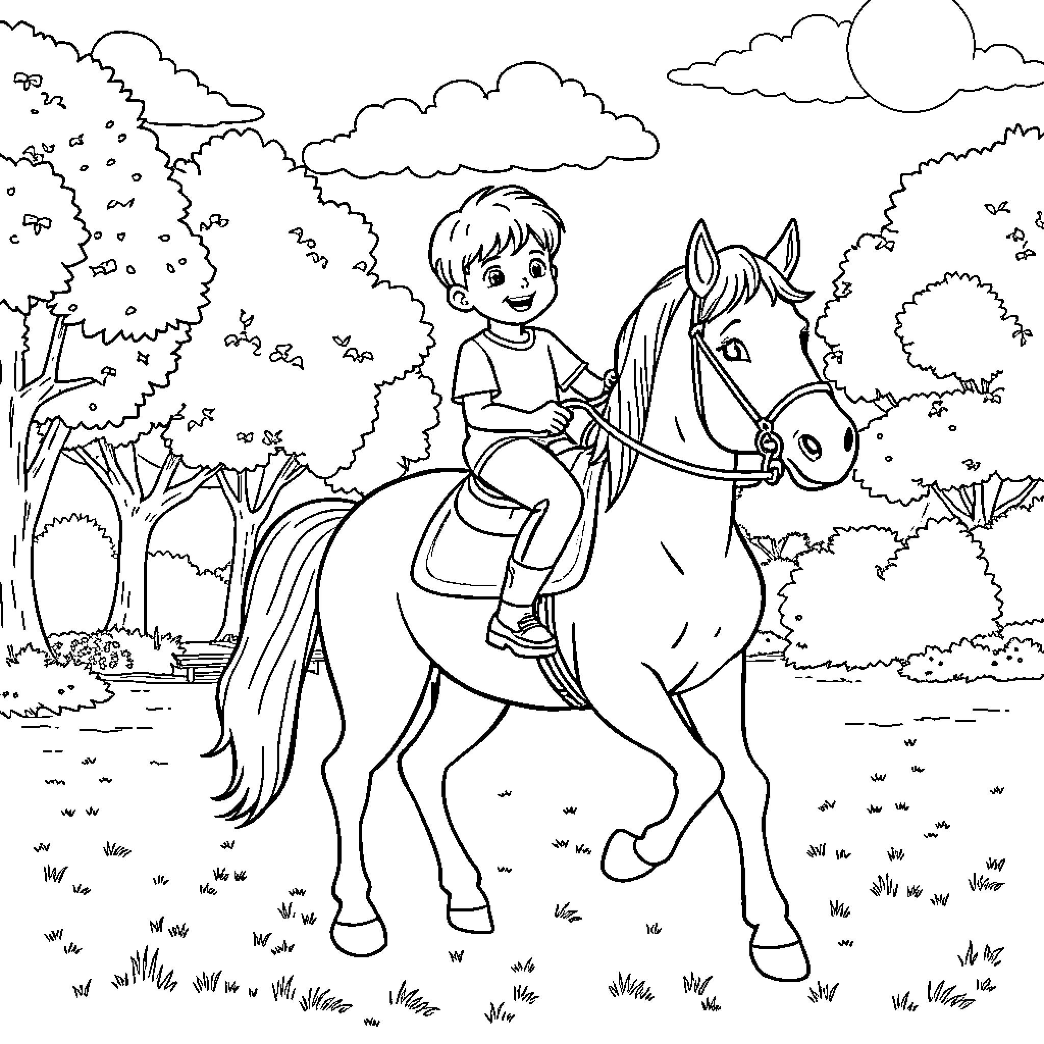 Boy riding a horse through the forest Coloring Page (free black-and-white line drawing printable PDF for all, from beginners to advanced learners, including children, teens, adults, and seniors)