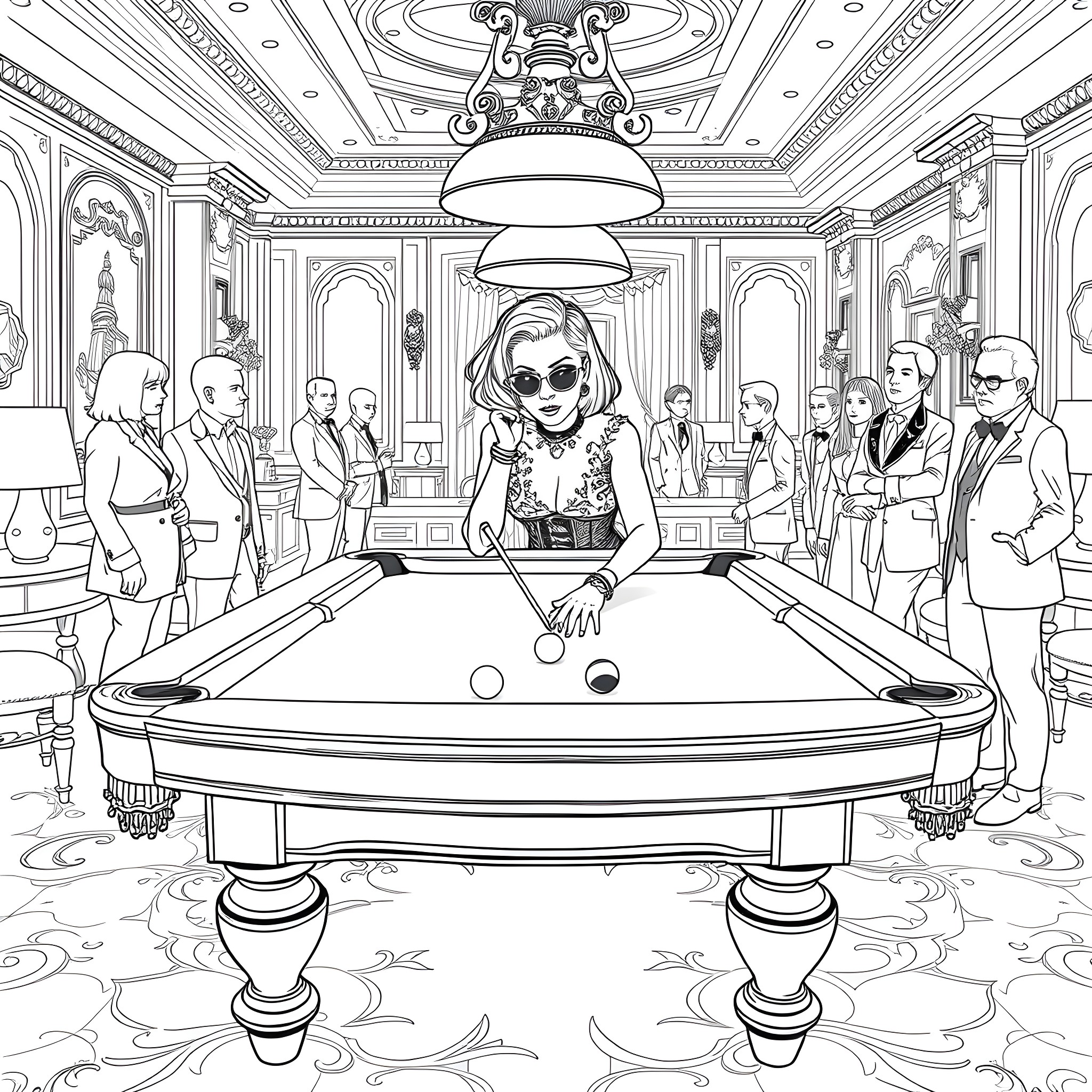 Lady Gaga Playing Pool in an Ornate Ballroom Coloring Page (free black-and-white line drawing printable PDF for all, from beginners to advanced learners, including children, teens, adults, and seniors)