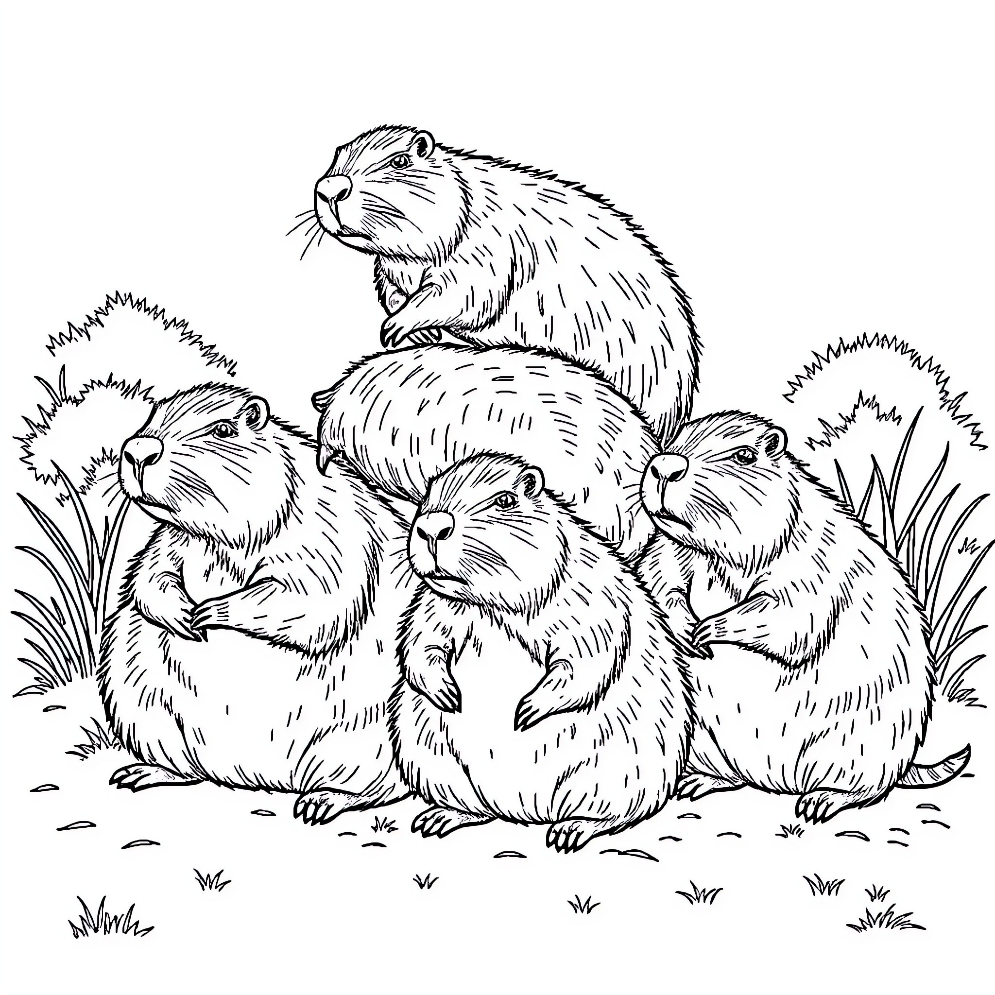 Capybara Family Gathering in the Grass Coloring Page (free black-and-white line drawing printable PDF for all, from beginners to advanced learners, including children, teens, adults, and seniors)