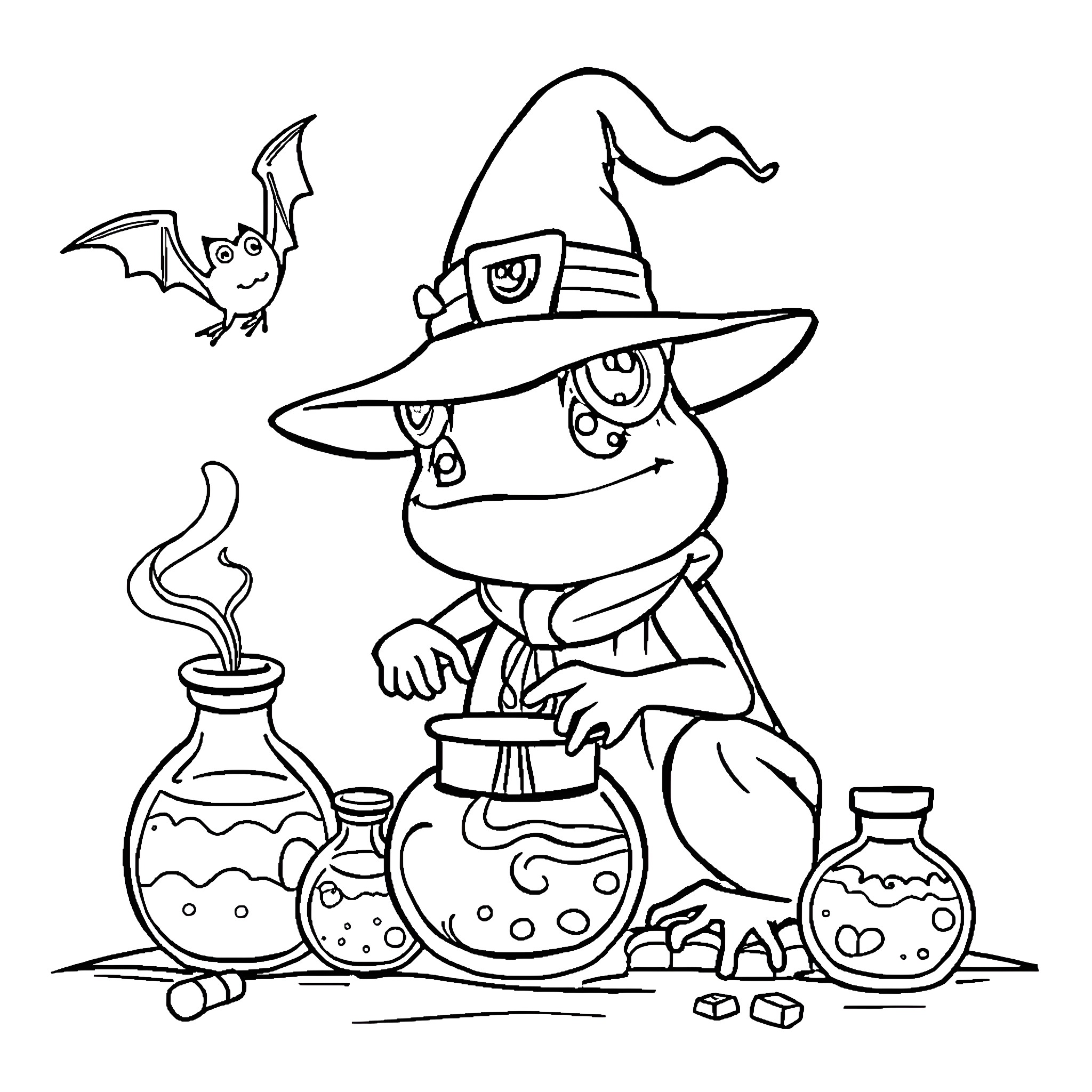 Frog Witch Brewing Potion in Cauldron Coloring Page (free black-and-white line drawing printable PDF for all, from beginners to advanced learners, including children, teens, adults, and seniors)