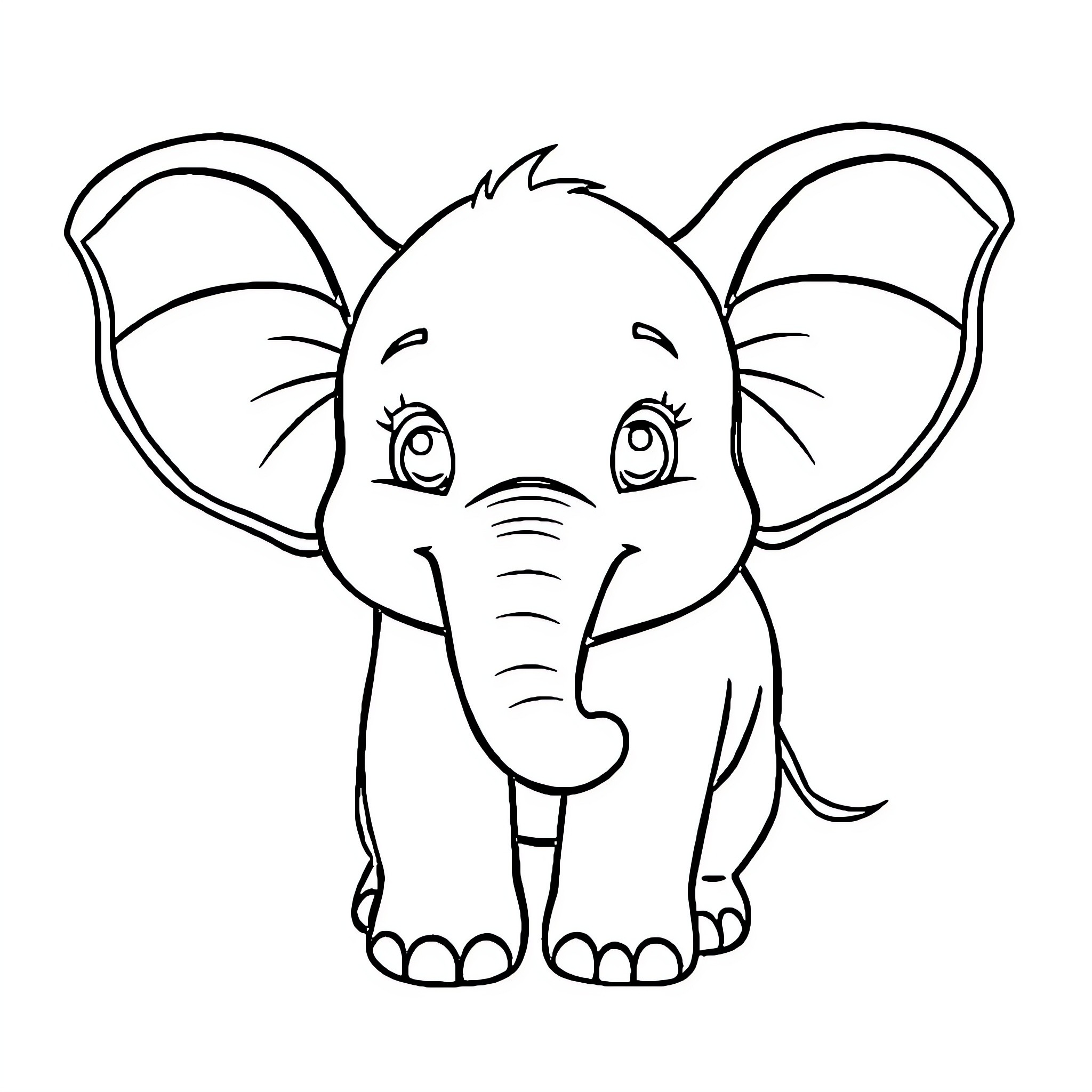 Elephant with large ears and cute expression Coloring Page (free black-and-white line drawing printable PDF for all, from beginners to advanced learners, including children, teens, adults, and seniors)