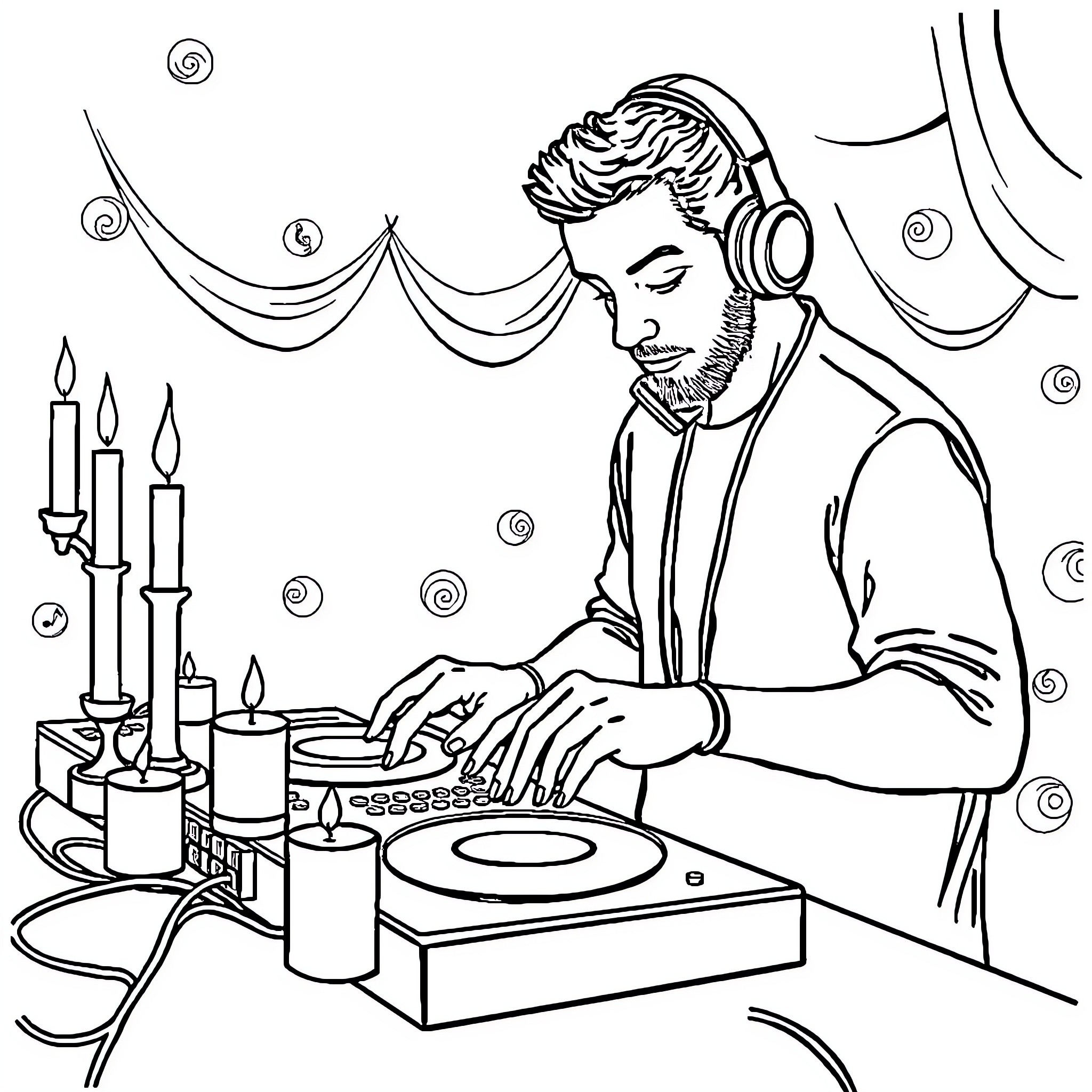Candle-lit DJ spinning music with headphones Coloring Page (free black-and-white line drawing printable PDF for all, from beginners to advanced learners, including children, teens, adults, and seniors)