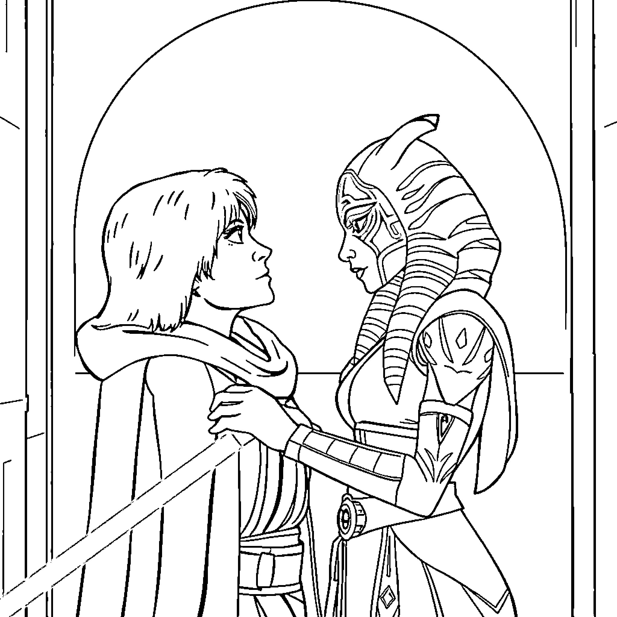 Anakin Skywalker's farewell to Queen Amidala Coloring Page (free black-and-white line drawing printable PDF for all, from beginners to advanced learners, including children, teens, adults, and seniors)
