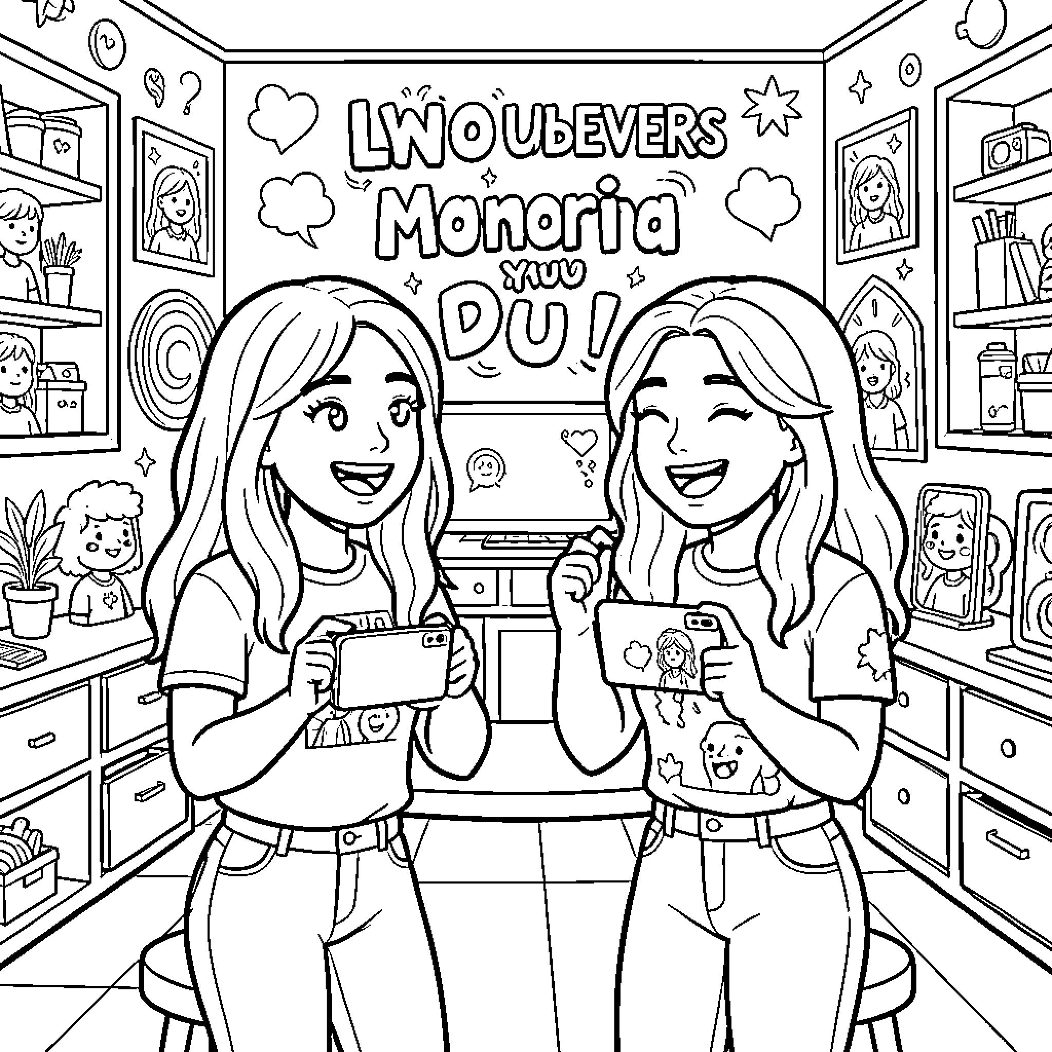 Youtubers Monoria and Du Playfully Documenting Their Hobbies Coloring Page (free black-and-white line drawing printable PDF for all, from beginners to advanced learners, including children, teens, adults, and seniors)