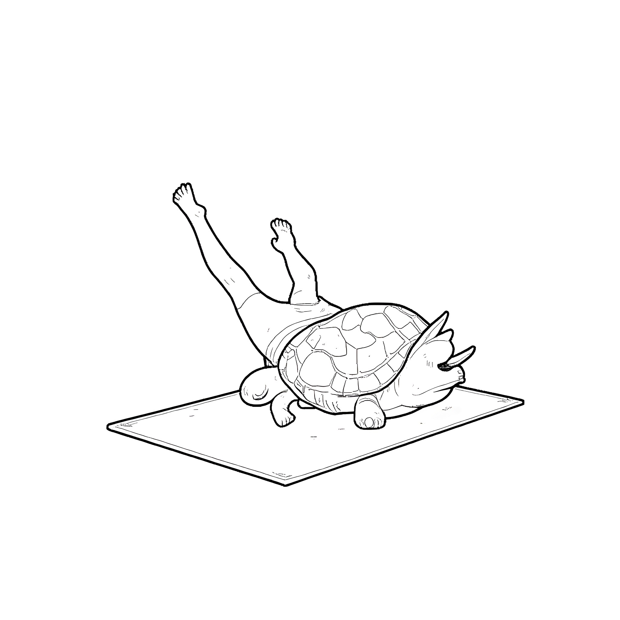 Turtle doing yoga stretches on mat Coloring Page (free black-and-white line drawing printable PDF for all, from beginners to advanced learners, including children, teens, adults, and seniors)