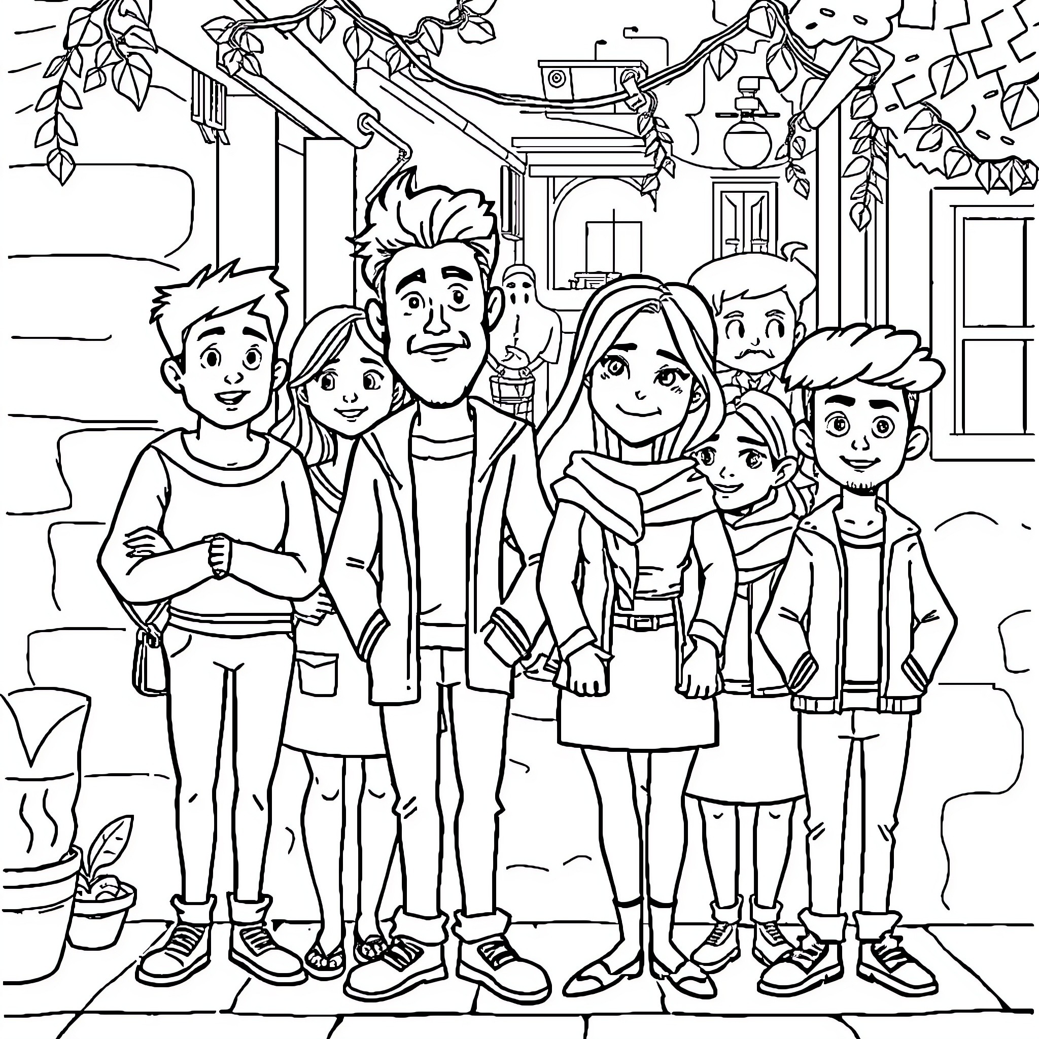 La Que Se Avecina: Family portrait in the neighborhood Coloring Page (free black-and-white line drawing printable PDF for all, from beginners to advanced learners, including children, teens, adults, and seniors)