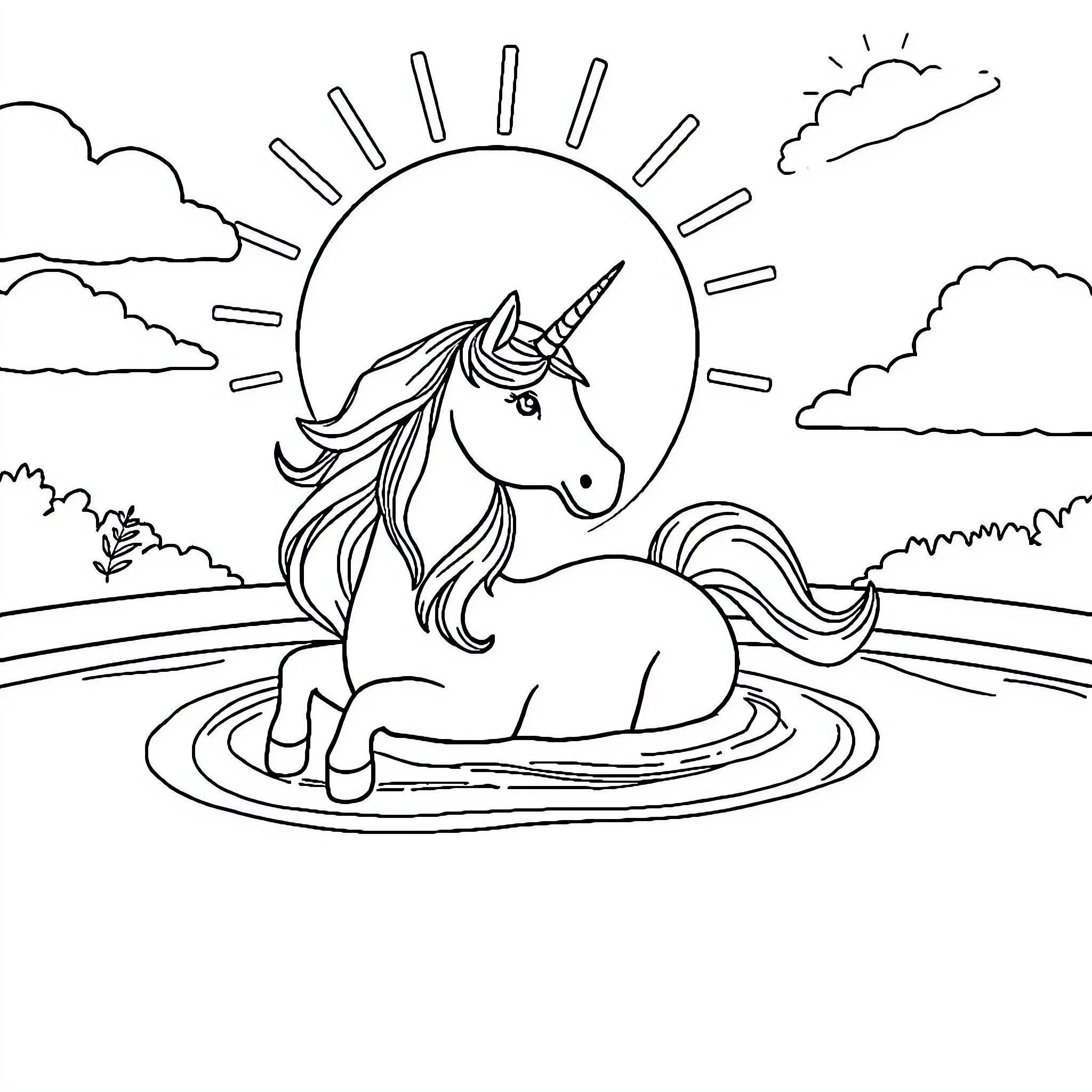 Unicorn relaxing in a serene landscape Coloring Page (free black-and-white line drawing printable PDF for all, from beginners to advanced learners, including children, teens, adults, and seniors)