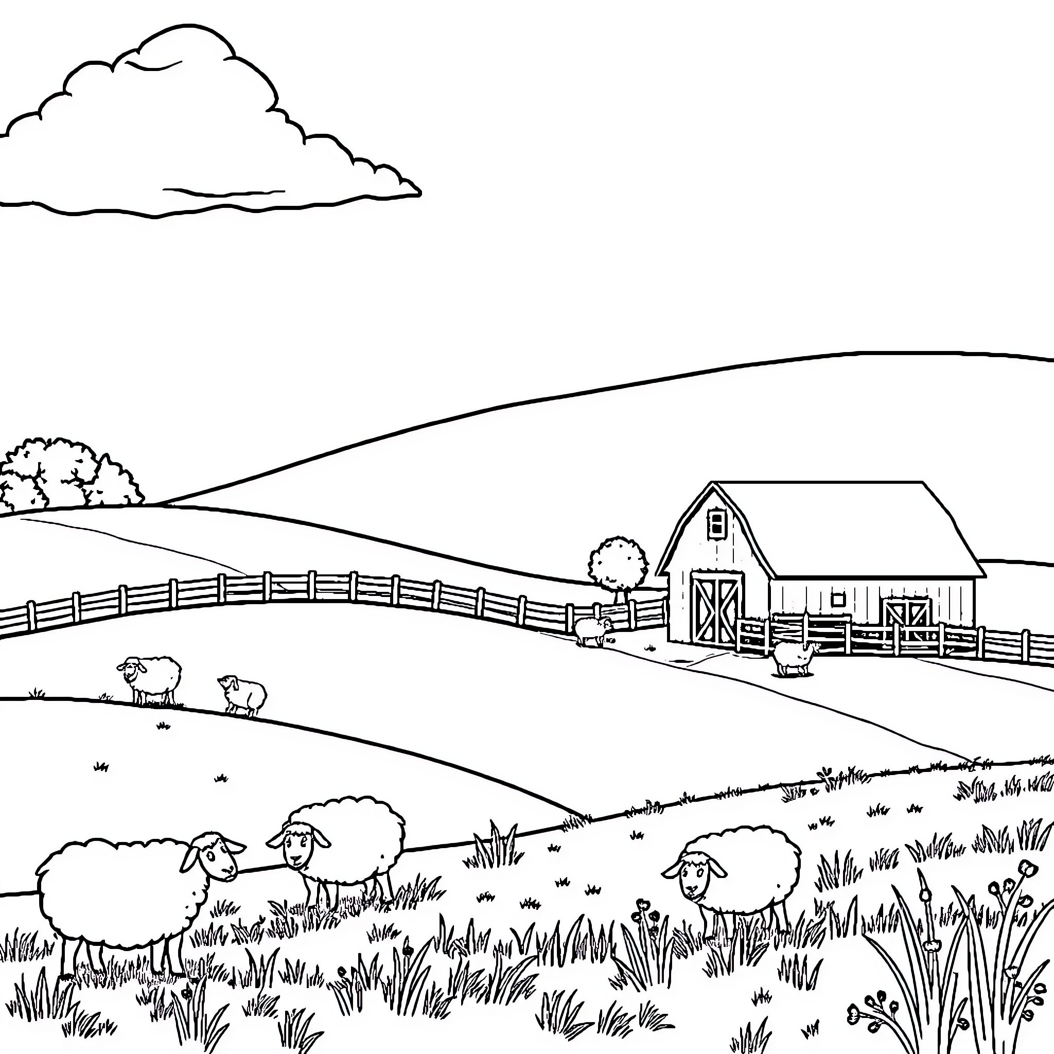 Farm with sheep grazing in the pasture Coloring Page (free black-and-white line drawing printable PDF for all, from beginners to advanced learners, including children, teens, adults, and seniors)
