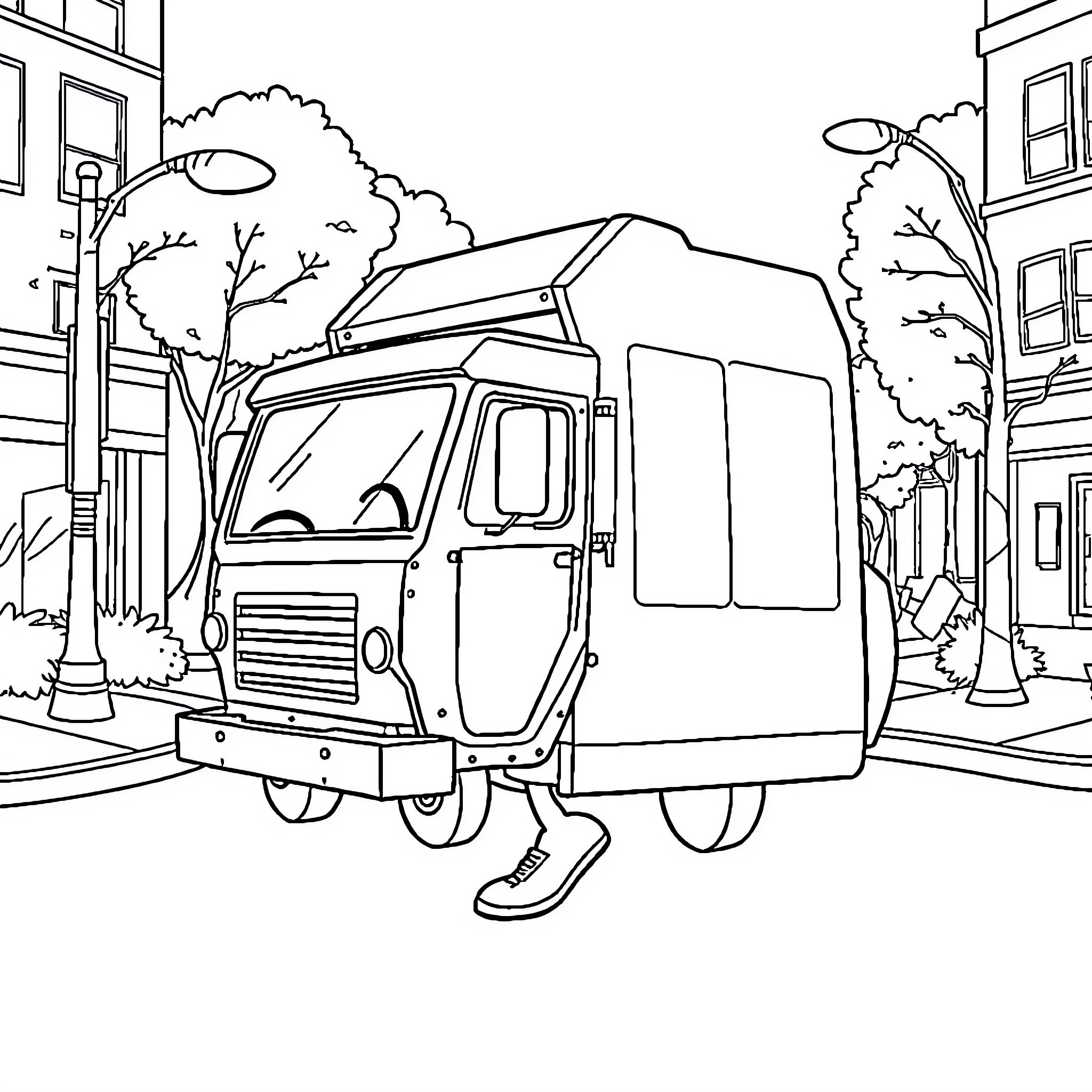Garbage Truck Collecting Waste in the City Coloring Page (free black-and-white line drawing printable PDF for all, from beginners to advanced learners, including children, teens, adults, and seniors)