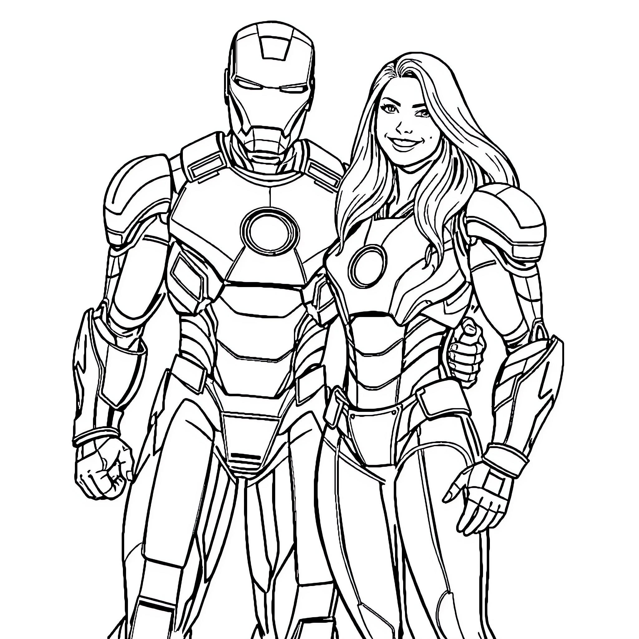 Iron Man and Superheroine in Action-Packed Pose Coloring Page (free black-and-white line drawing printable PDF for all, from beginners to advanced learners, including children, teens, adults, and seniors)