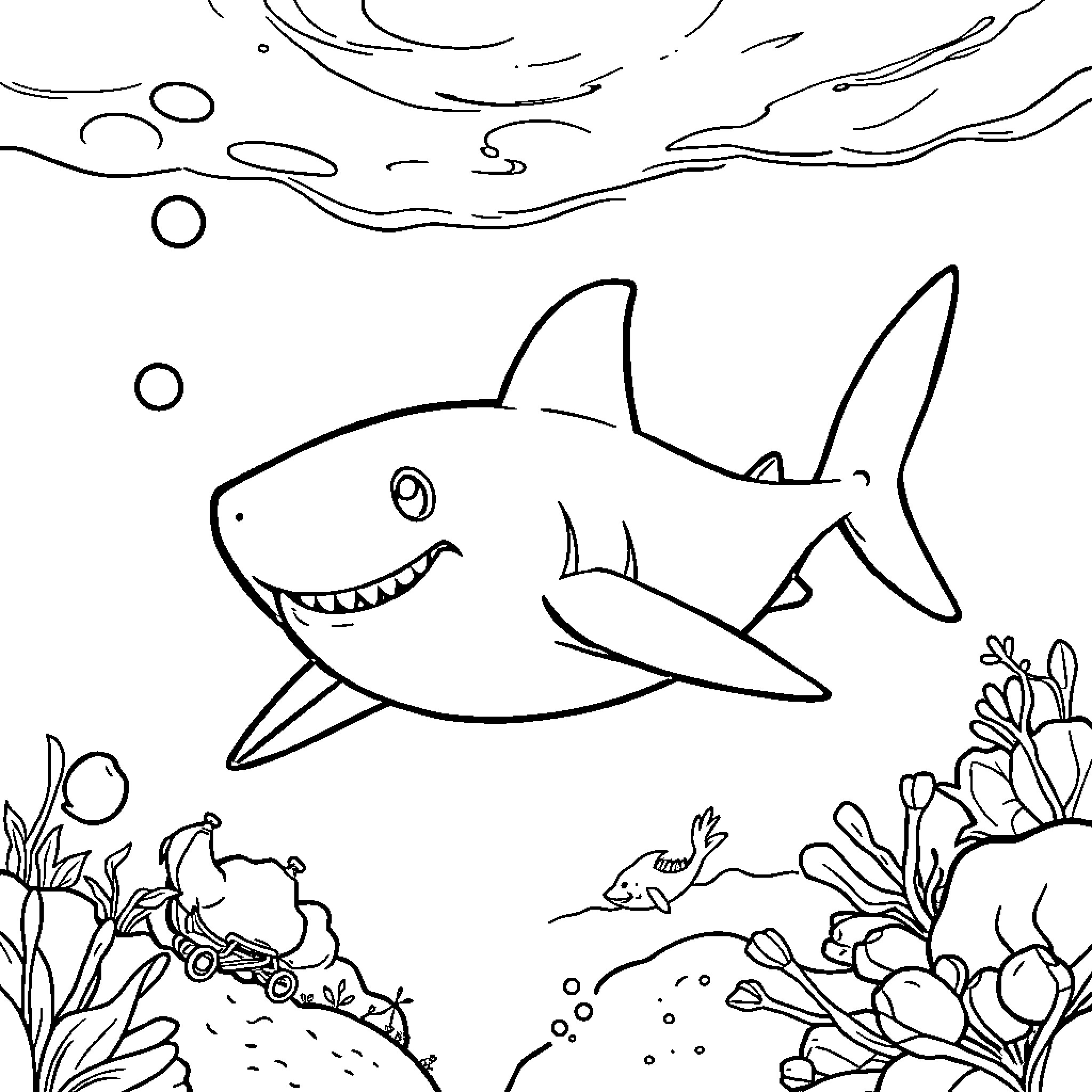 Shark exploring the underwater world Coloring Page (free black-and-white line drawing printable PDF for all, from beginners to advanced learners, including children, teens, adults, and seniors)