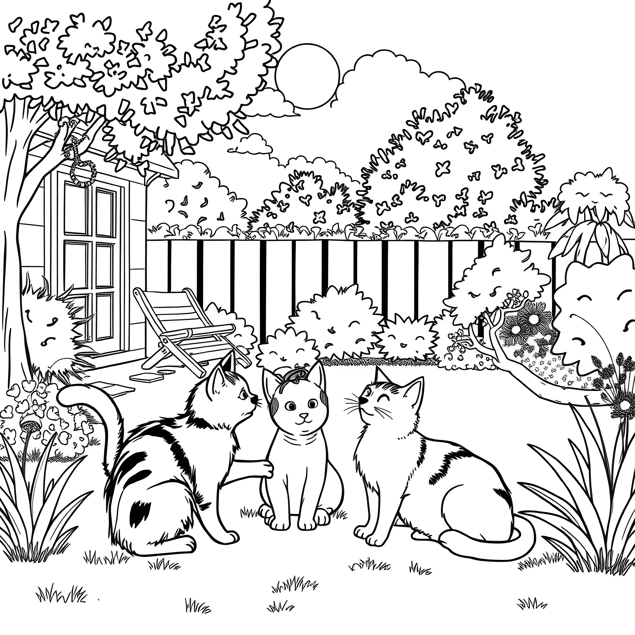 Cats exploring the backyard garden Coloring Page (free black-and-white line drawing printable PDF for all, from beginners to advanced learners, including children, teens, adults, and seniors)