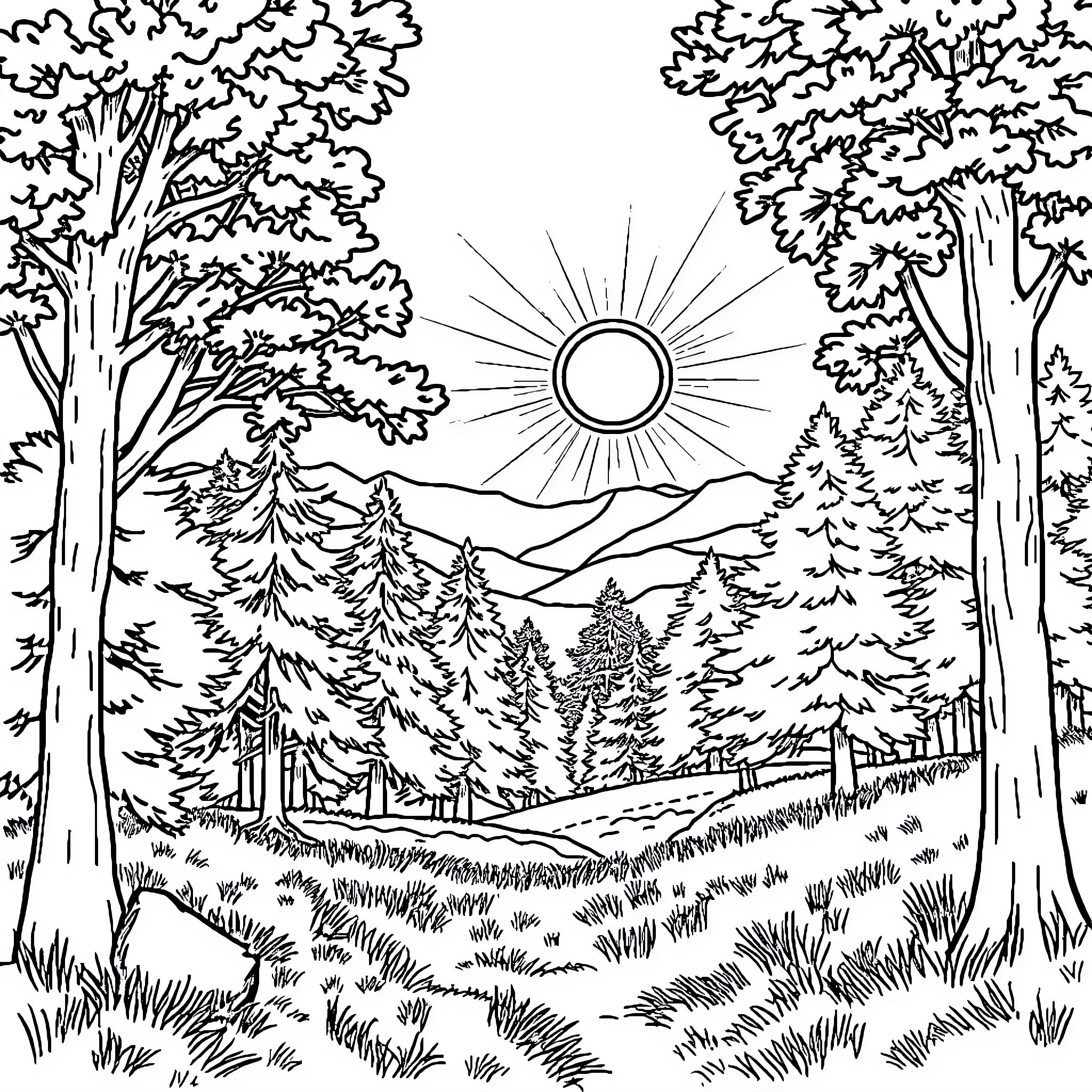 Nature's Scenic Tranquility Coloring Page (free black-and-white line drawing printable PDF for all, from beginners to advanced learners, including children, teens, adults, and seniors)