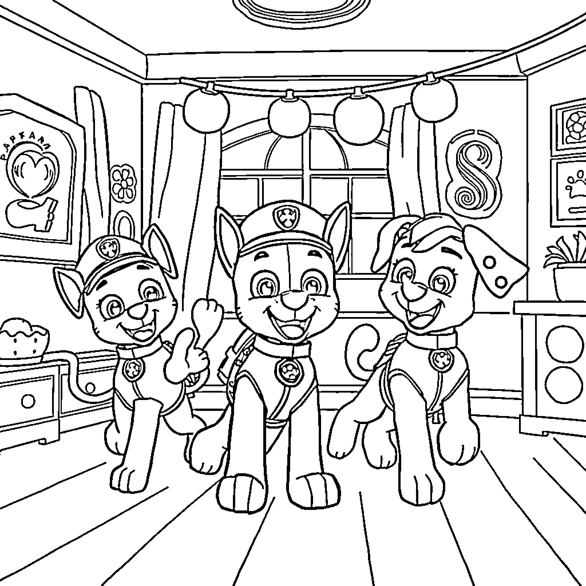 Paw Patrol Pups Gather for an Adventure Coloring Page (free black-and-white line drawing printable PDF for all, from beginners to advanced learners, including children, teens, adults, and seniors)