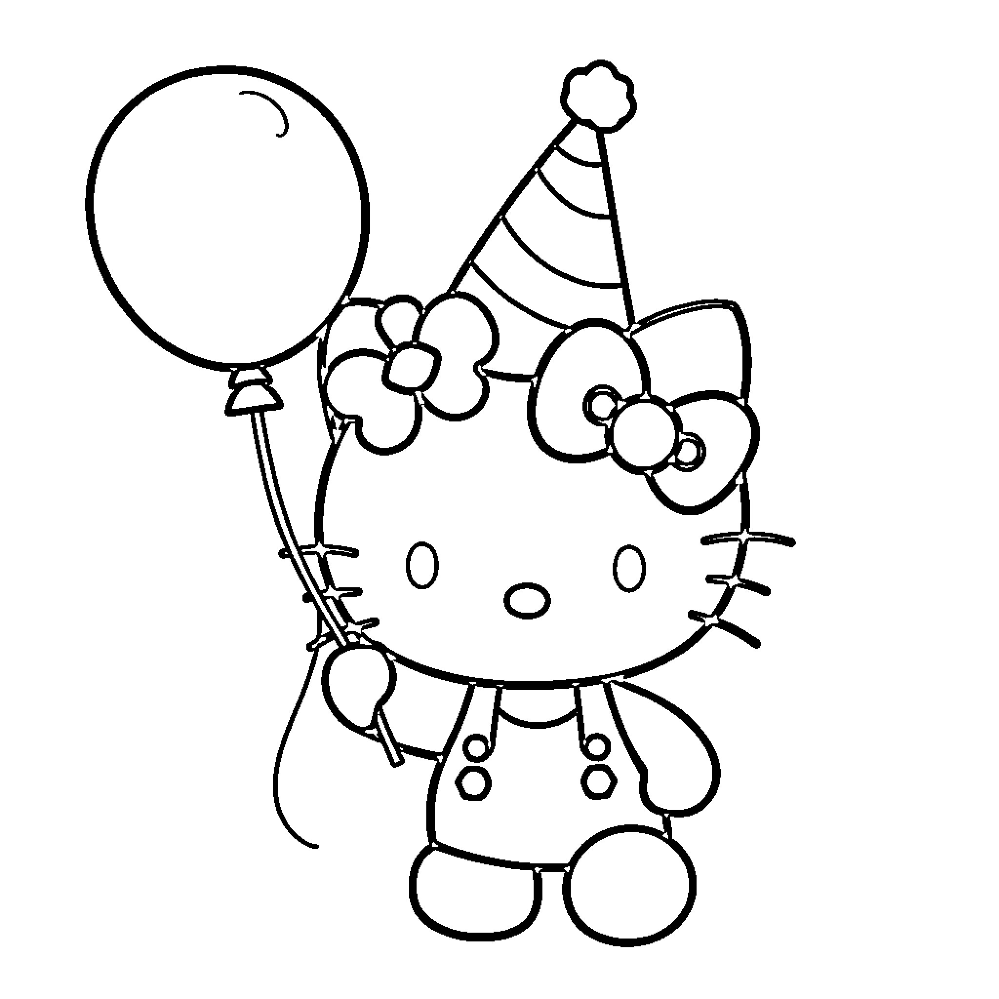 Hello Kitty celebrates with balloons and party hat Coloring Page (free black-and-white line drawing printable PDF for all, from beginners to advanced learners, including children, teens, adults, and seniors)