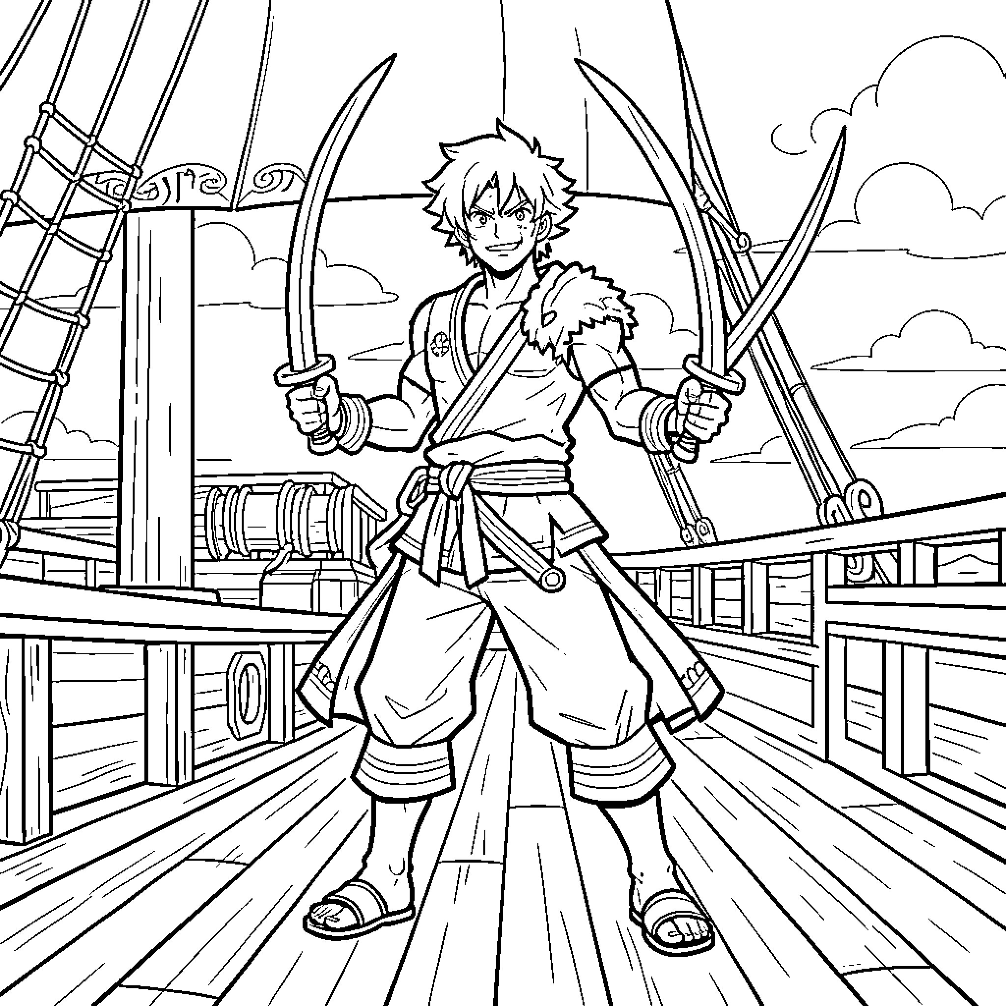 Zoro's Swordplay Adventure on the High Seas Coloring Page (free black-and-white line drawing printable PDF for all, from beginners to advanced learners, including children, teens, adults, and seniors)