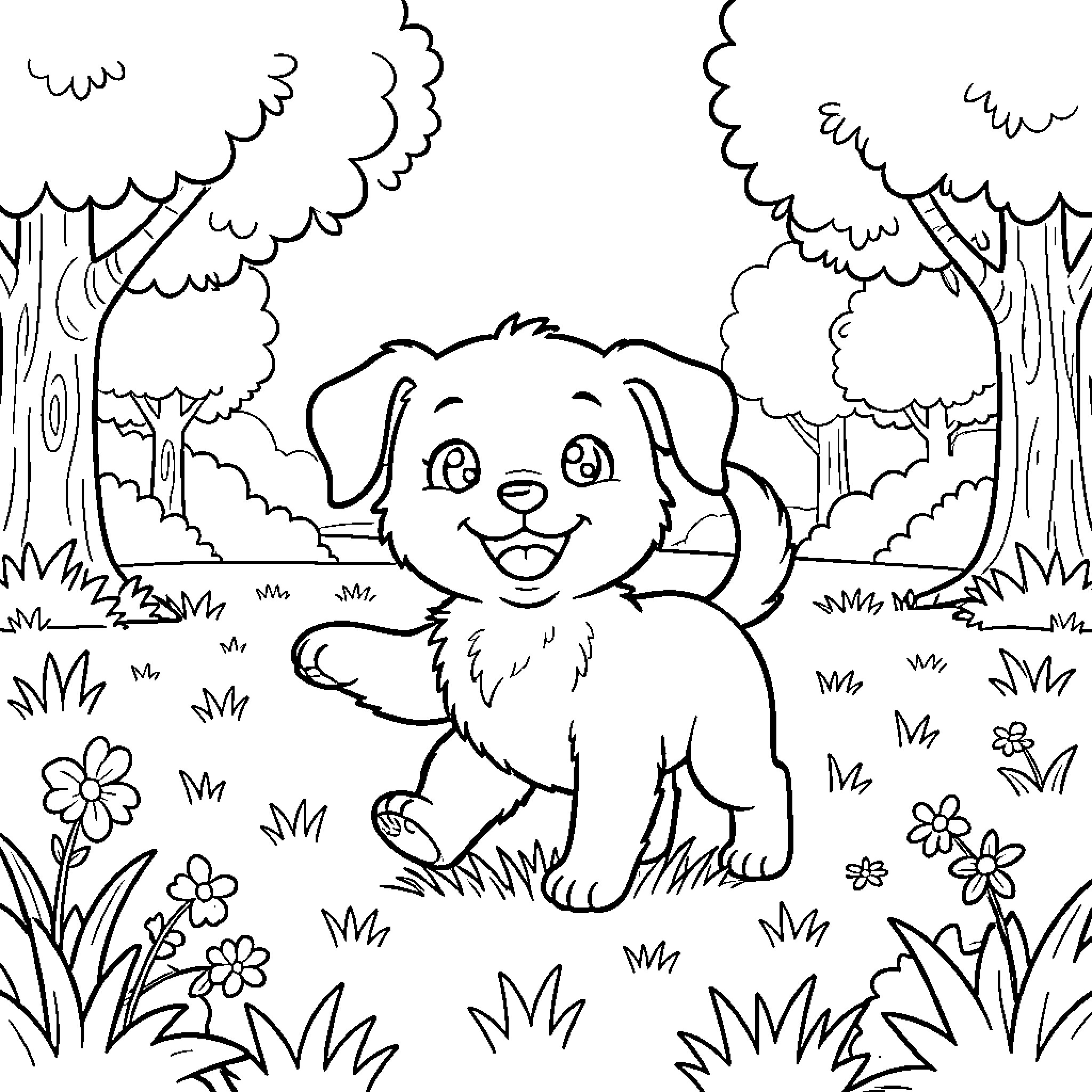 Puppy playing happily in a grassy meadow Coloring Page (free black-and-white line drawing printable PDF for all, from beginners to advanced learners, including children, teens, adults, and seniors)