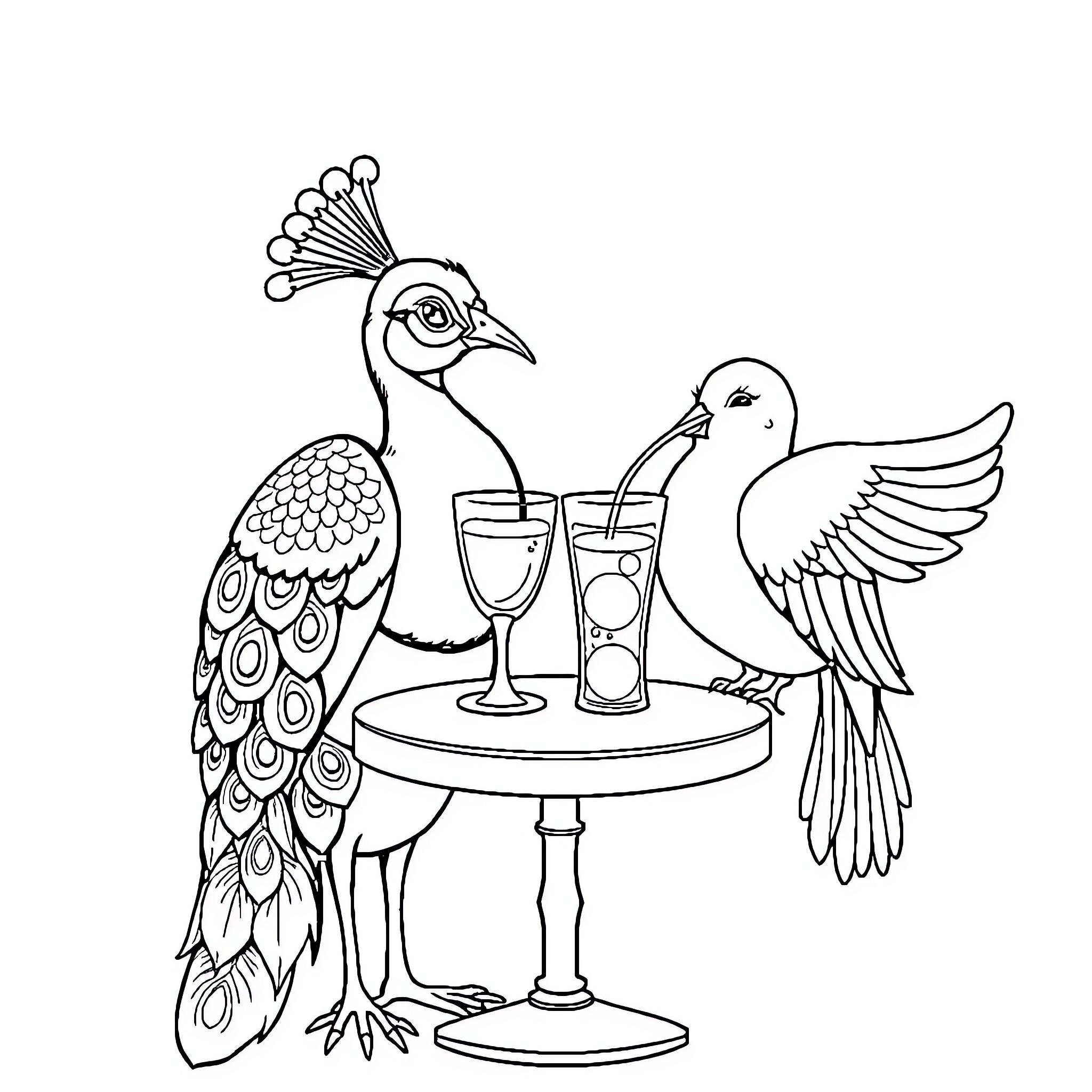 Peacocks enjoying cocktails at a bar Coloring Page (free black-and-white line drawing printable PDF for all, from beginners to advanced learners, including children, teens, adults, and seniors)