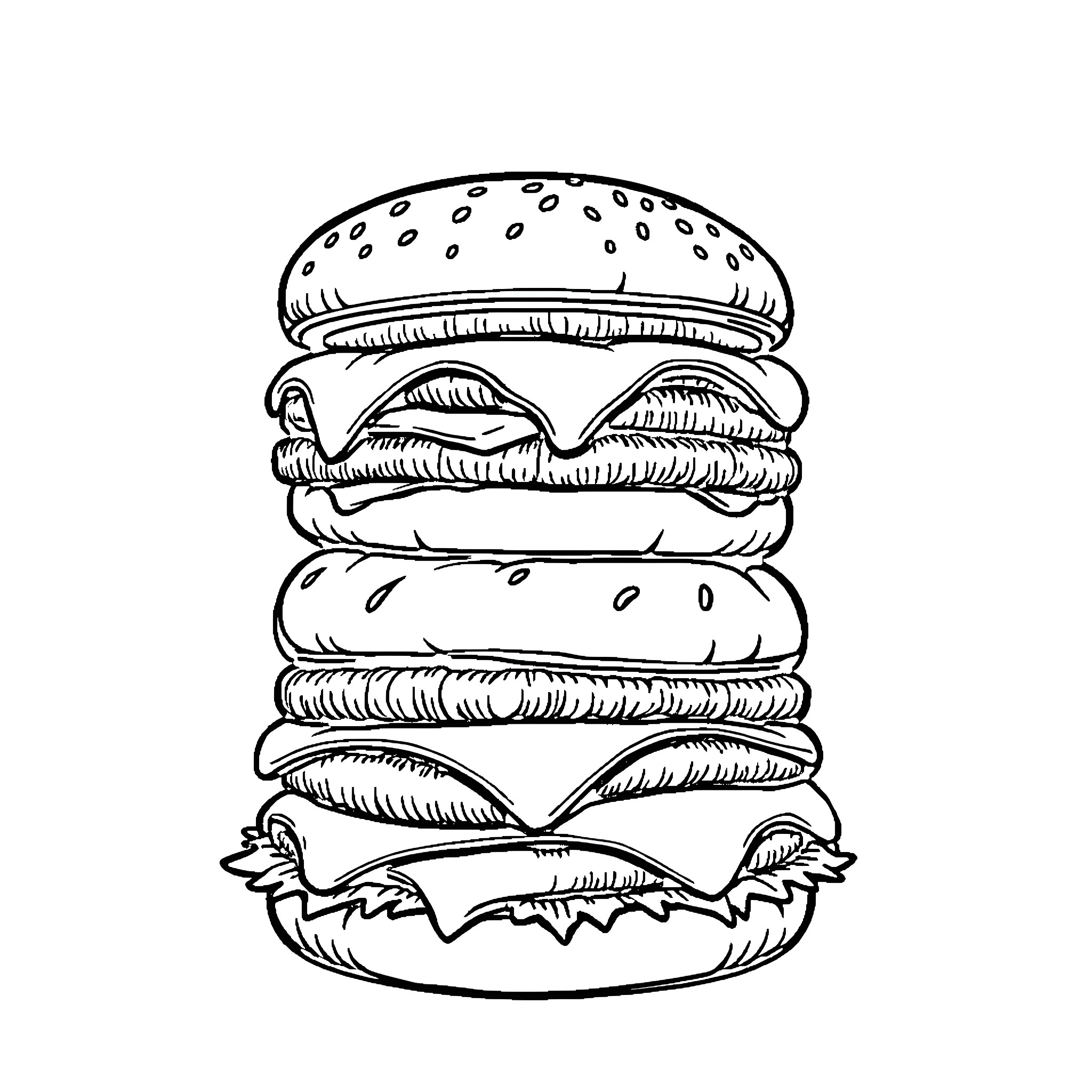 Hamburger with detailed layered ingredients Coloring Page (free black-and-white line drawing printable PDF for all, from beginners to advanced learners, including children, teens, adults, and seniors)