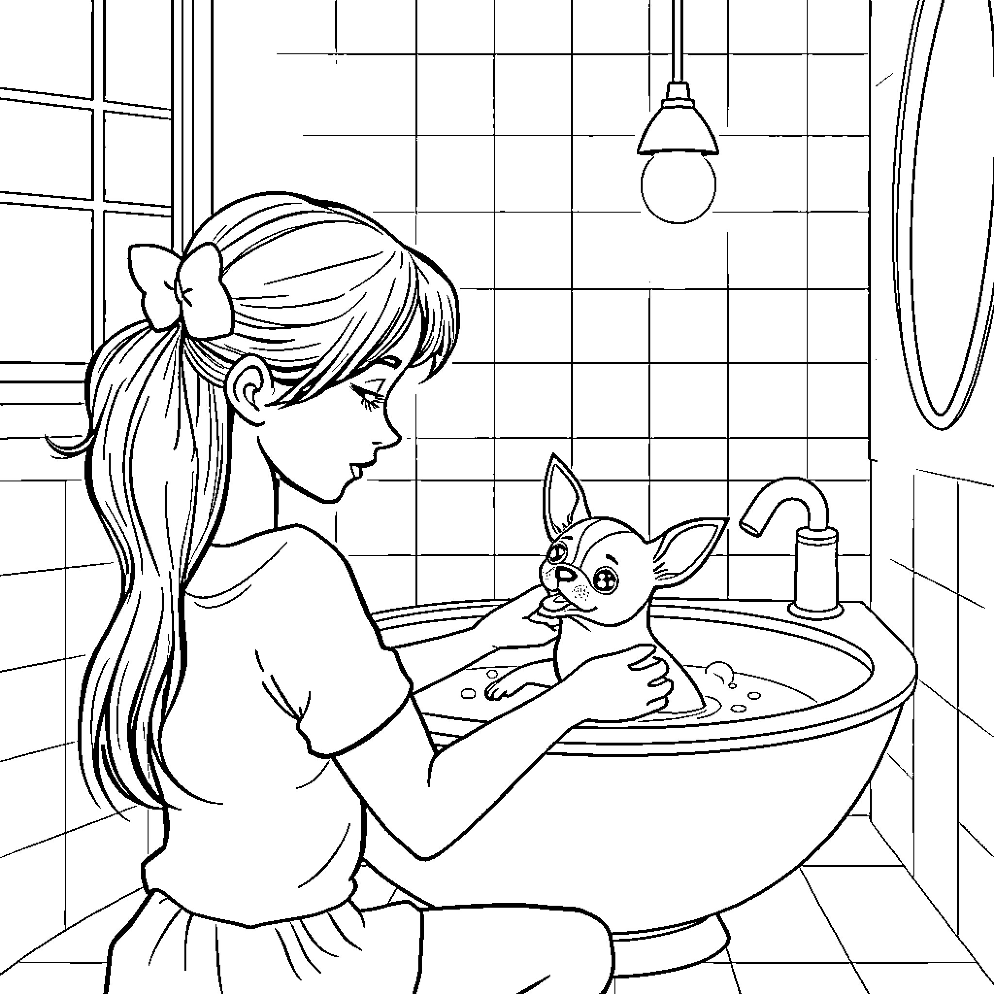 Girl bathing a cute pet in the bathroom Coloring Page (free black-and-white line drawing printable PDF for all, from beginners to advanced learners, including children, teens, adults, and seniors)