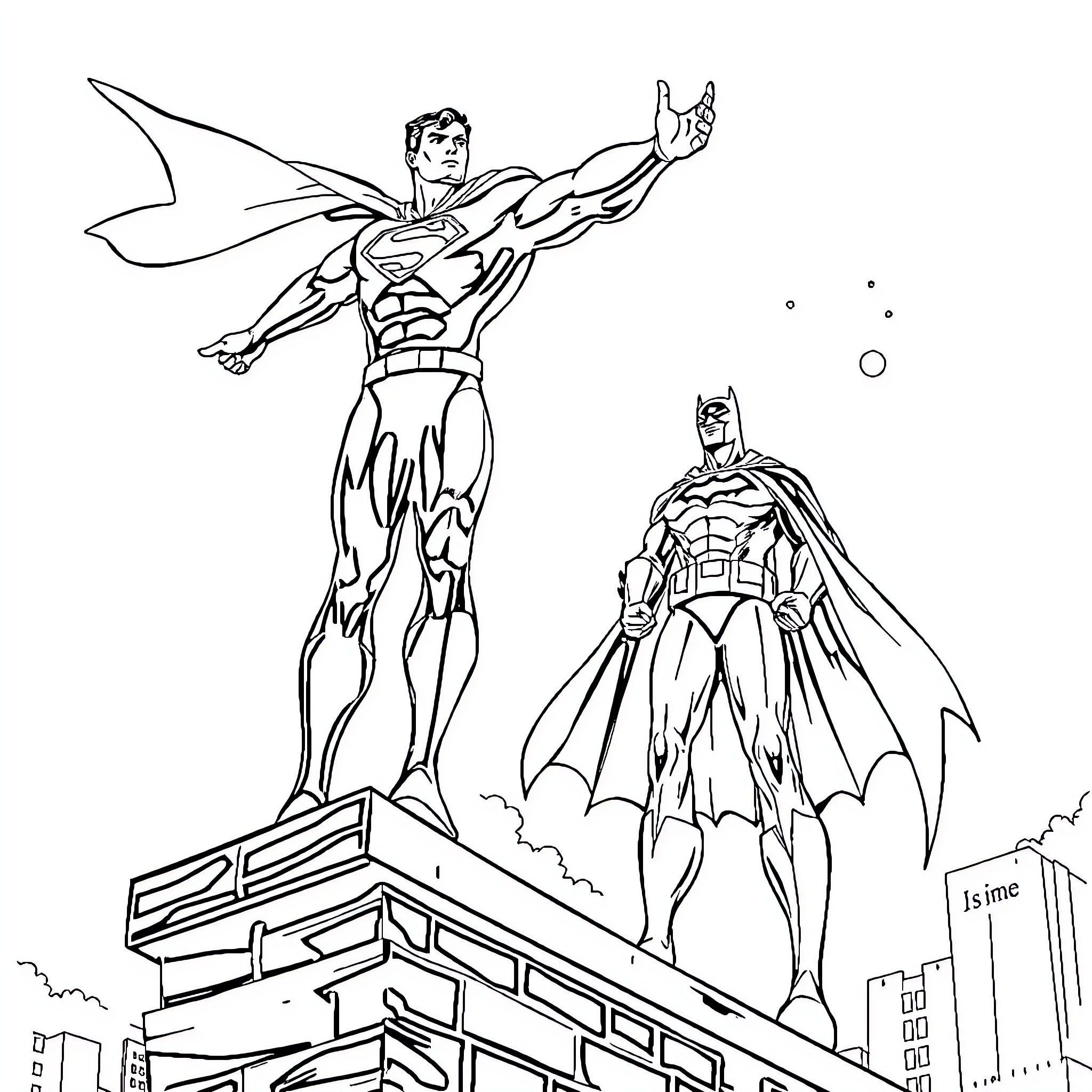 Superman and Batman heroically standing tall Coloring Page (free black-and-white line drawing printable PDF for all, from beginners to advanced learners, including children, teens, adults, and seniors)