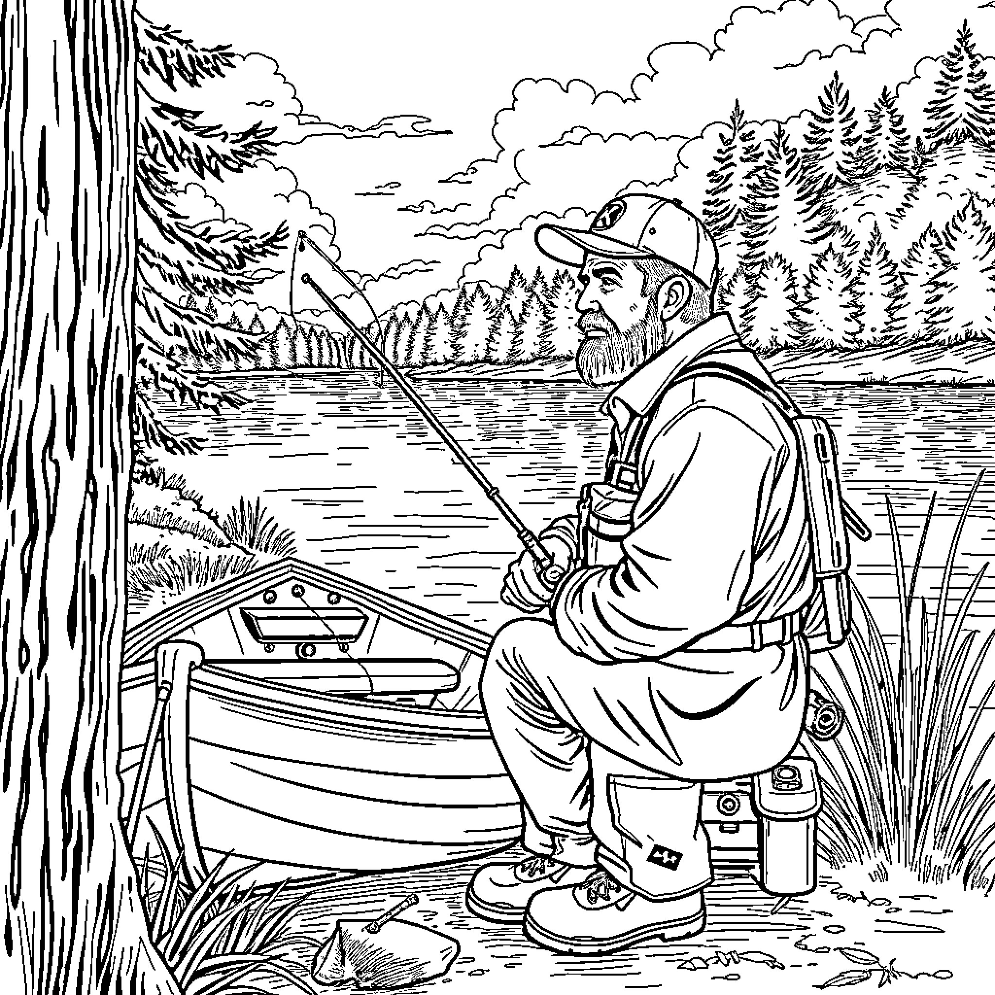 Electrician fishing peacefully by the lakeside Coloring Page (free black-and-white line drawing printable PDF for all, from beginners to advanced learners, including children, teens, adults, and seniors)