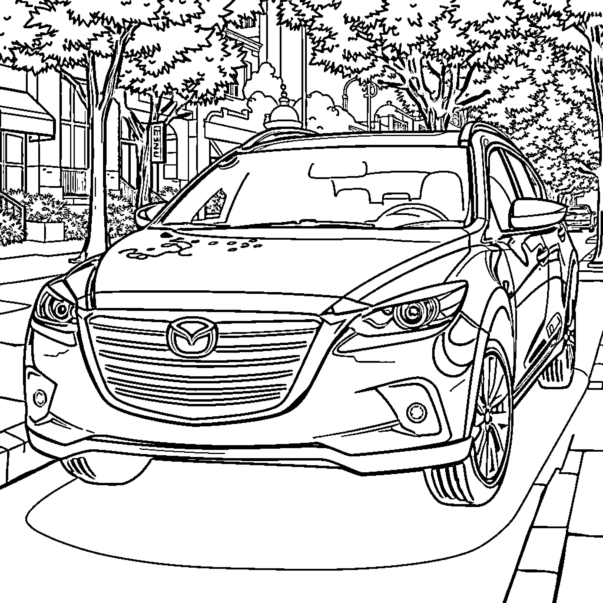Mazda Crossover SUV on the City Street Coloring Page (free black-and-white line drawing printable PDF for all, from beginners to advanced learners, including children, teens, adults, and seniors)