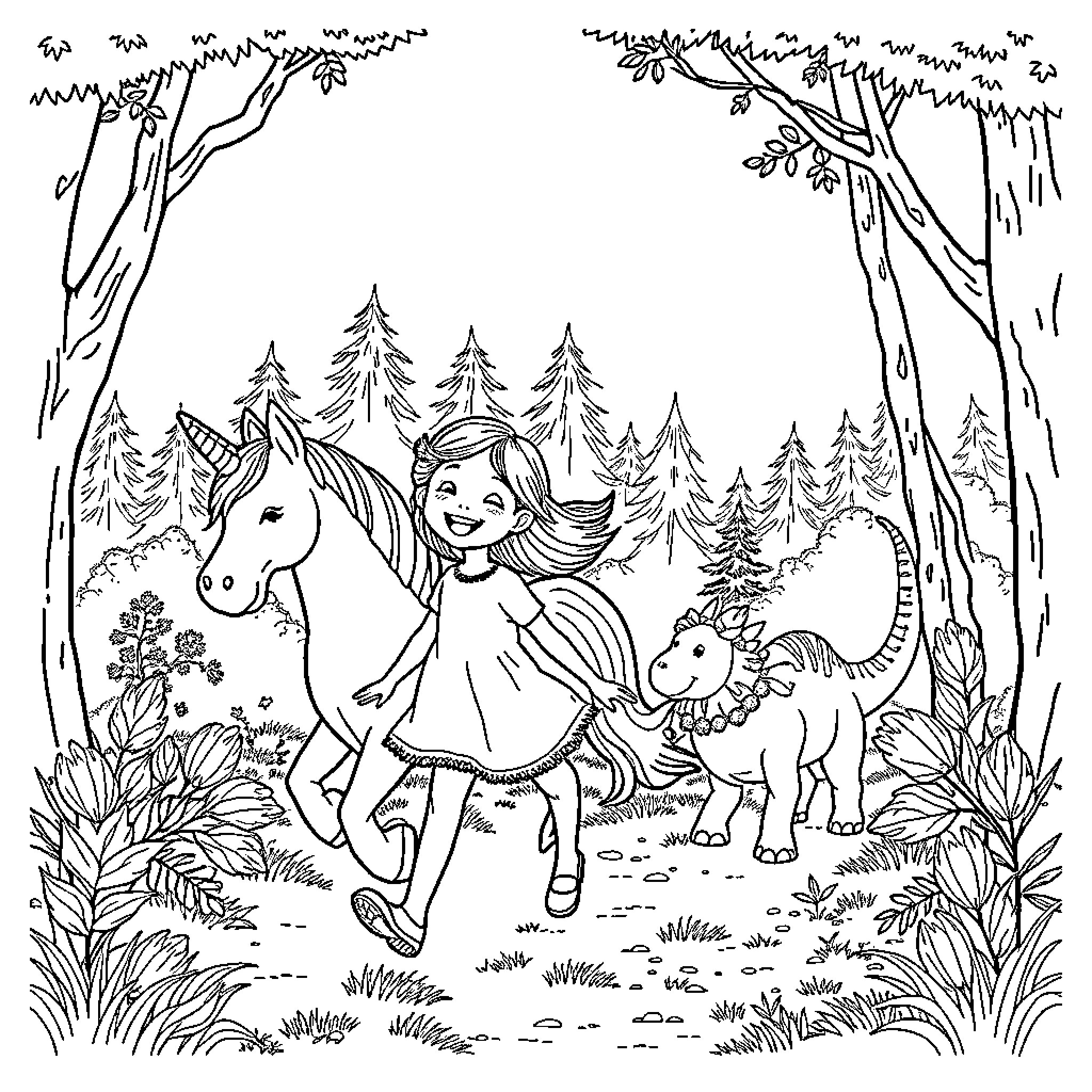 Girl playing with unicorns in enchanted forest Coloring Page (free black-and-white line drawing printable PDF for all, from beginners to advanced learners, including children, teens, adults, and seniors)