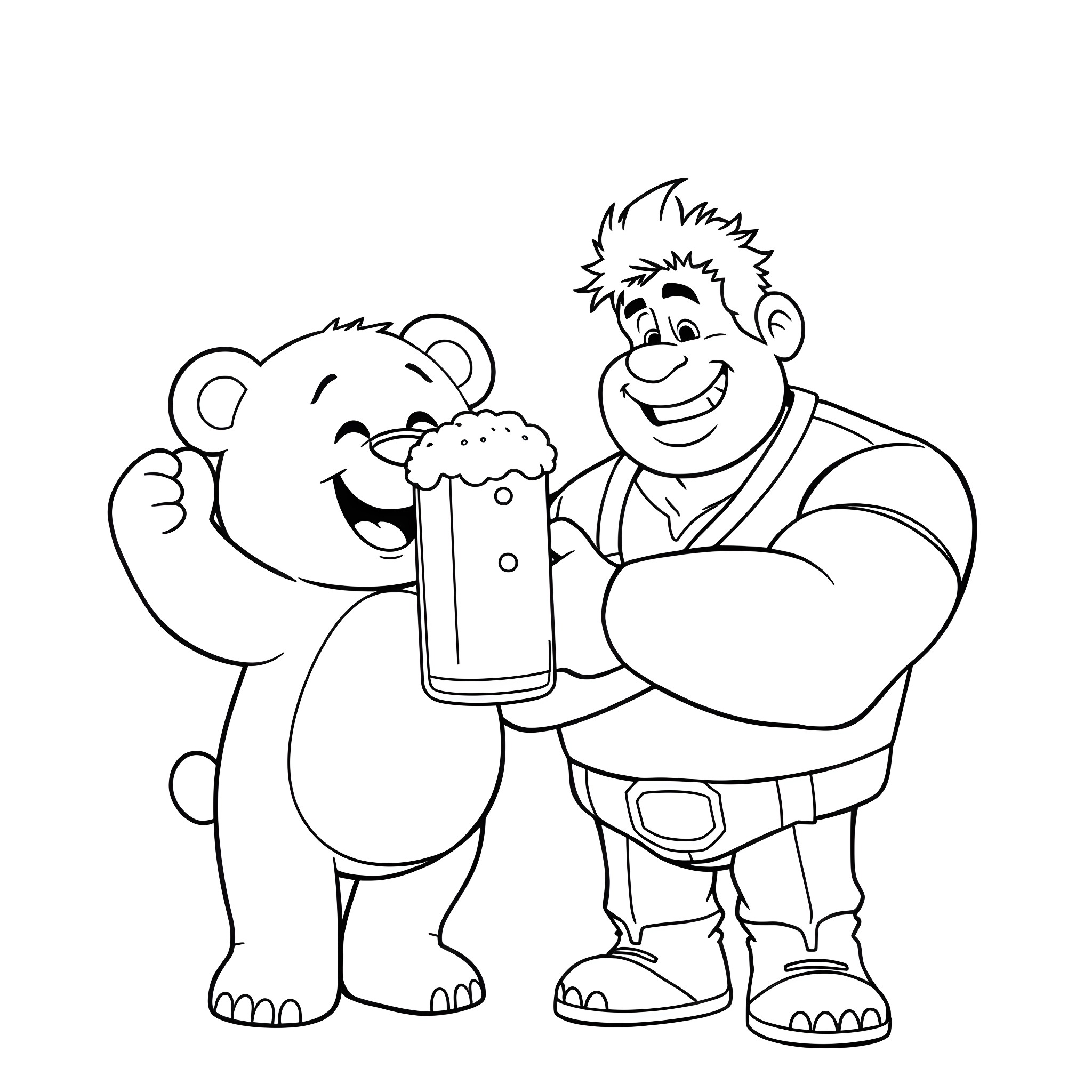 Lotso and a friend celebrating with a beer Coloring Page (free black-and-white line drawing printable PDF for all, from beginners to advanced learners, including children, teens, adults, and seniors)