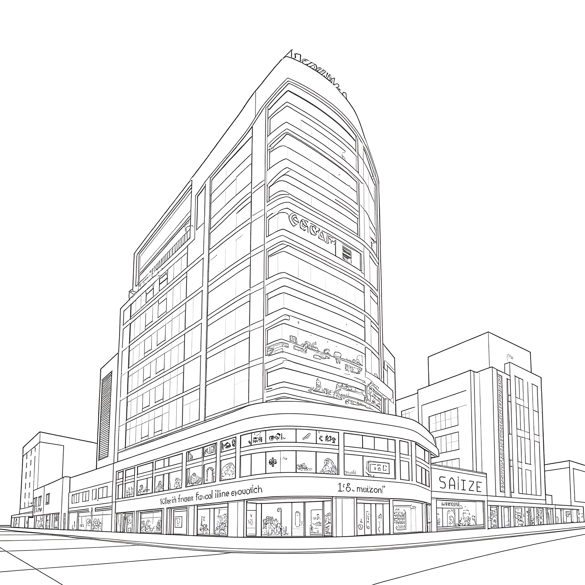Building with Varied Architectural Shapes and Storefronts Coloring Page (free black-and-white line drawing printable PDF for all, from beginners to advanced learners, including children, teens, adults, and seniors)